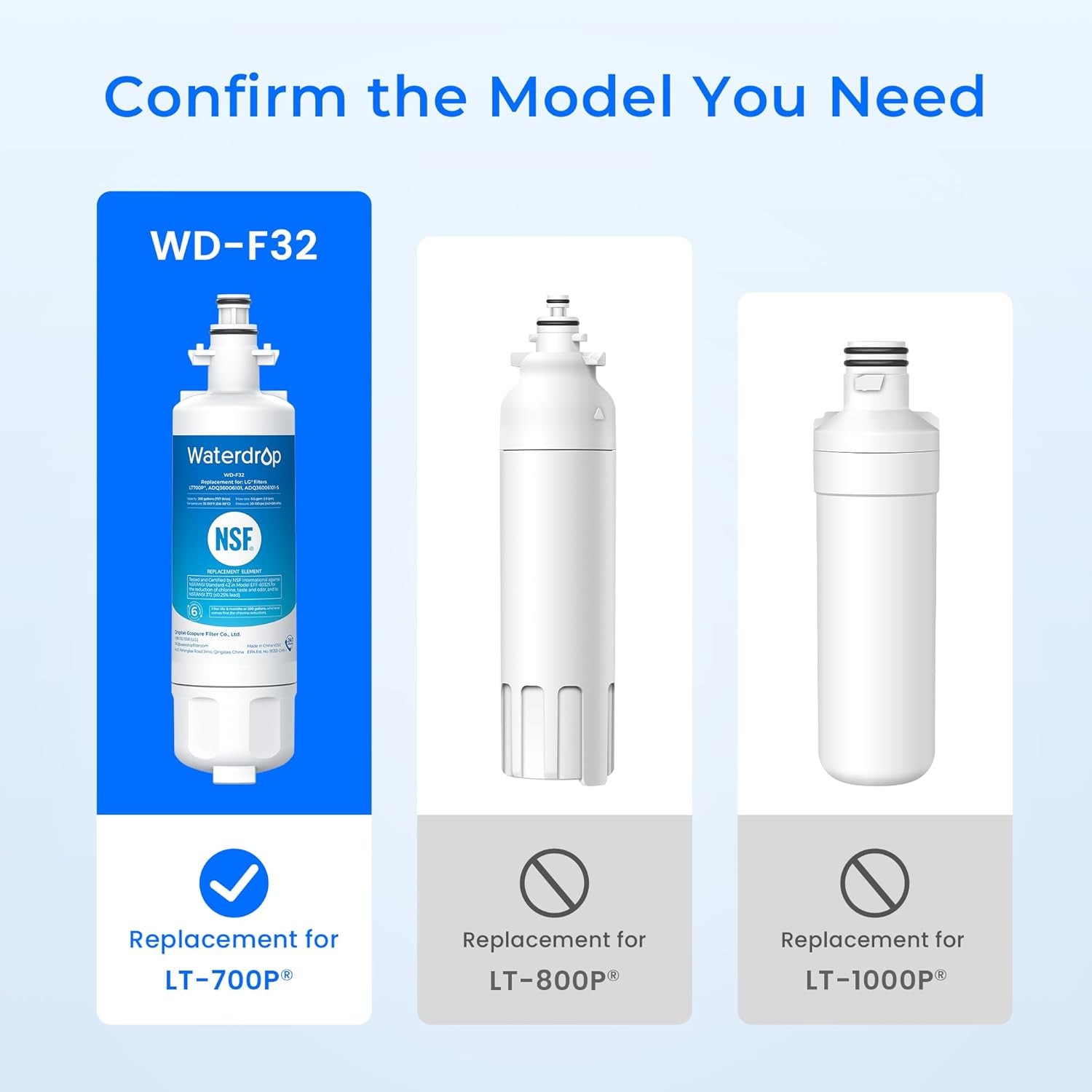 Waterdrop Refrigerator Water Filter, Replacement for LG® LT700P®, Pack of 3