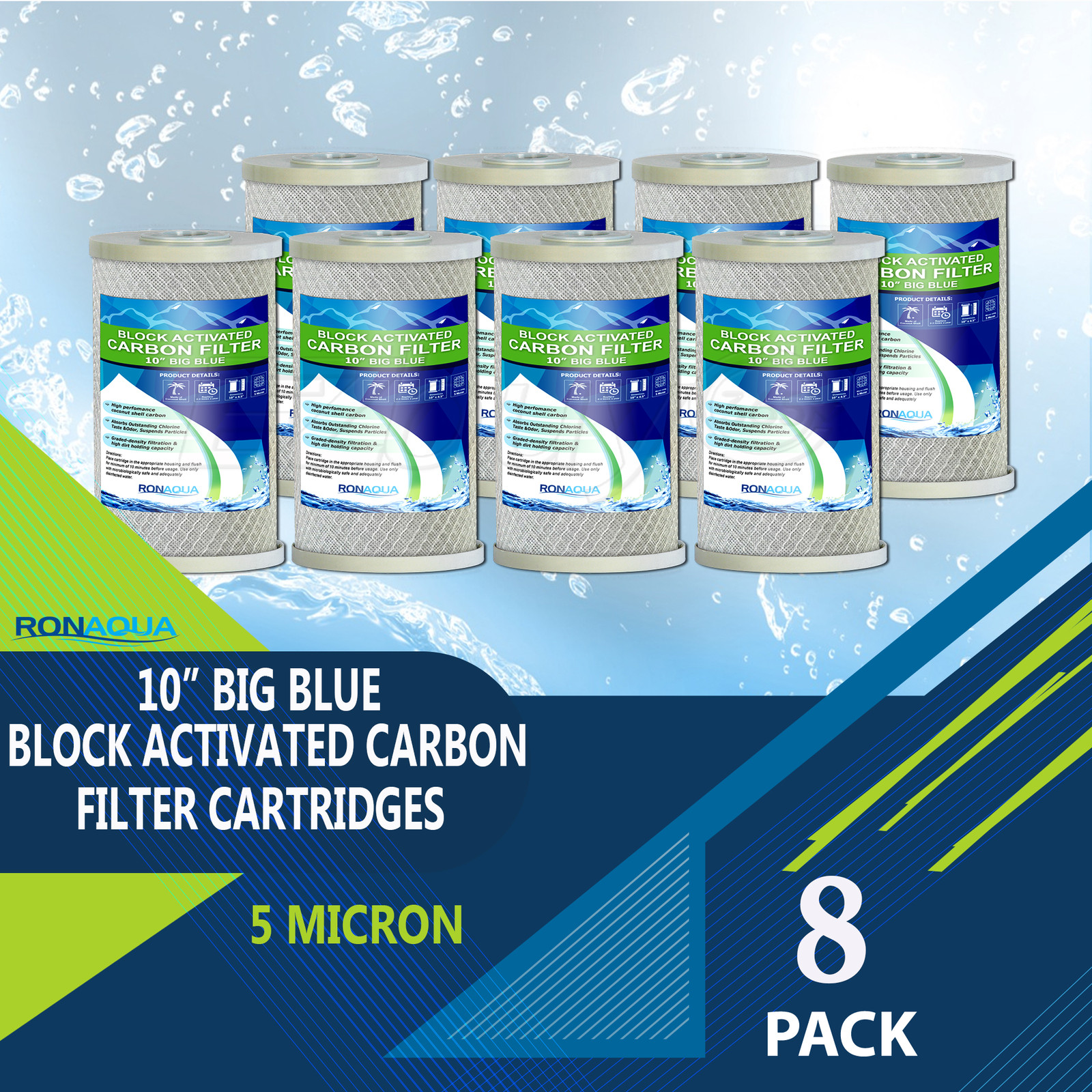 8 Big Blue CTO Carbon Block Water Filters 4.5″ x 10″ Whole House Cartridges