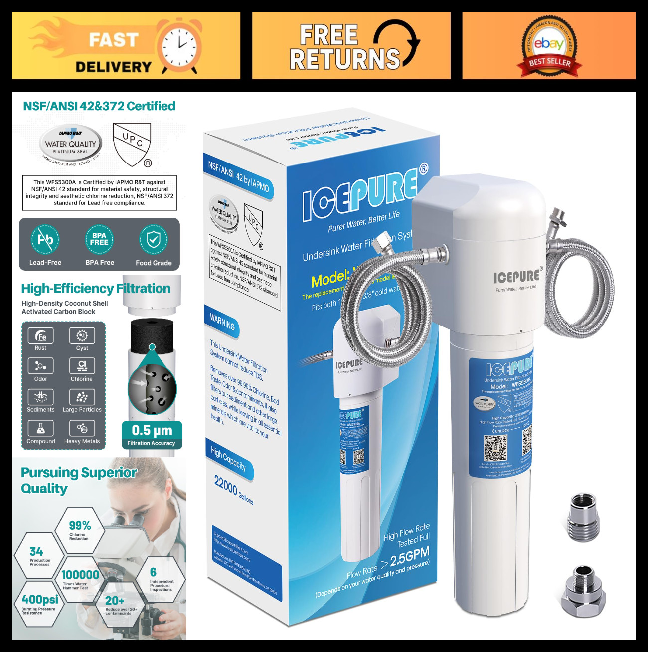 Under Sink Water Filter System – 3 Years/22,000 Gallons, NSF Certified, Removes