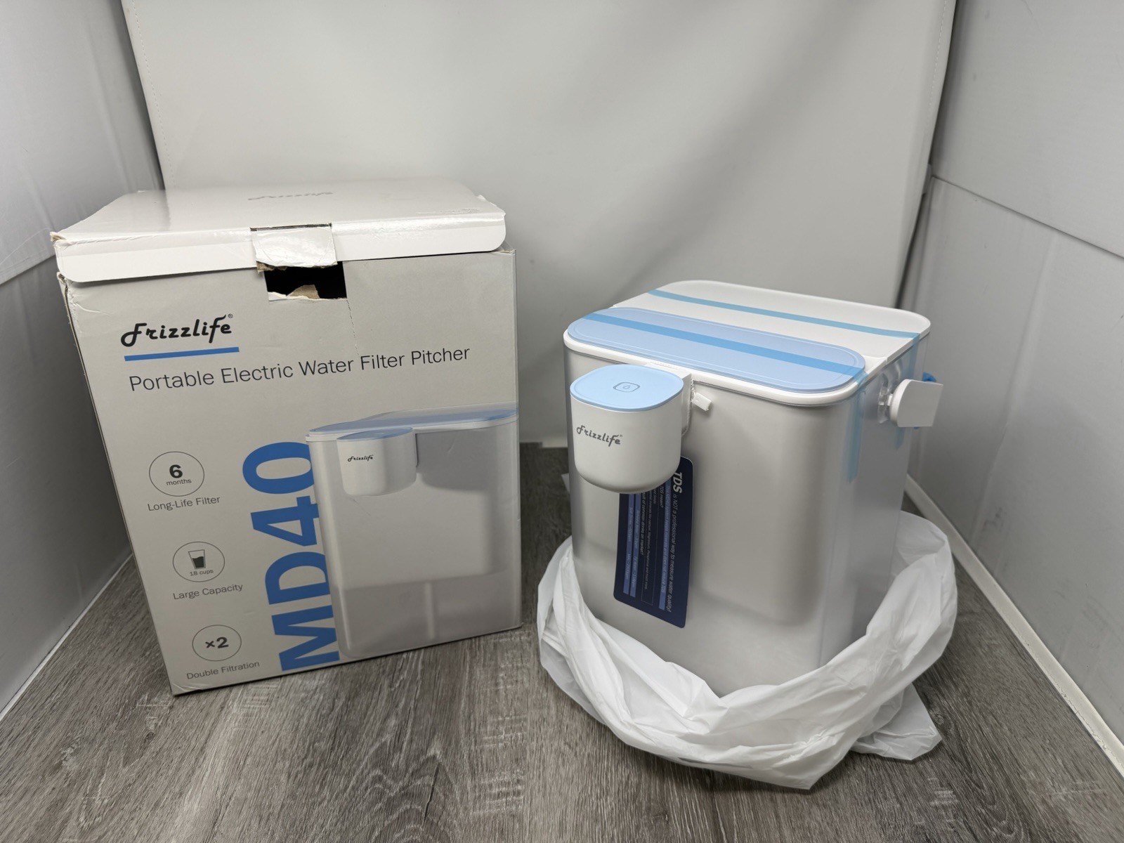 Frizzlife MD40 18-Cup Electric Water Filter Pitcher, 2-Stage Double, Chlorine