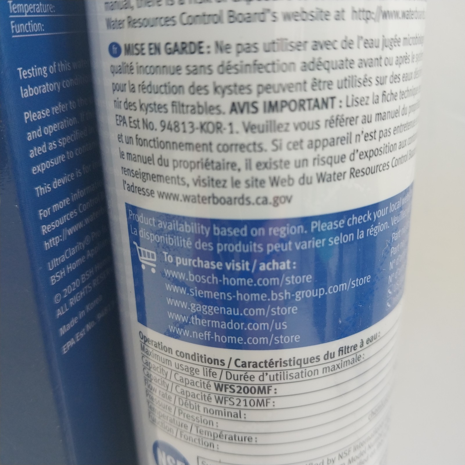 1 PACK Bosch Ultra Clarity Pro BORPLFTR50 Water Filter Blue #WFS200MF/WFS210MF