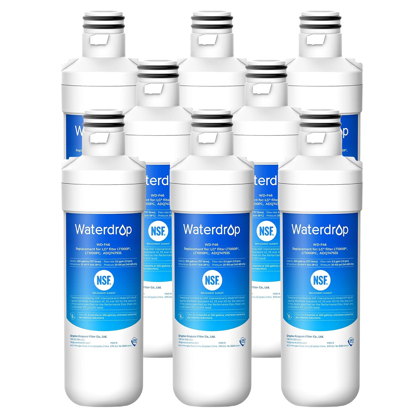 Waterdrop F46 Refrigerator Water Filter, Replacement for LG® LT1000P®, Pack of 8