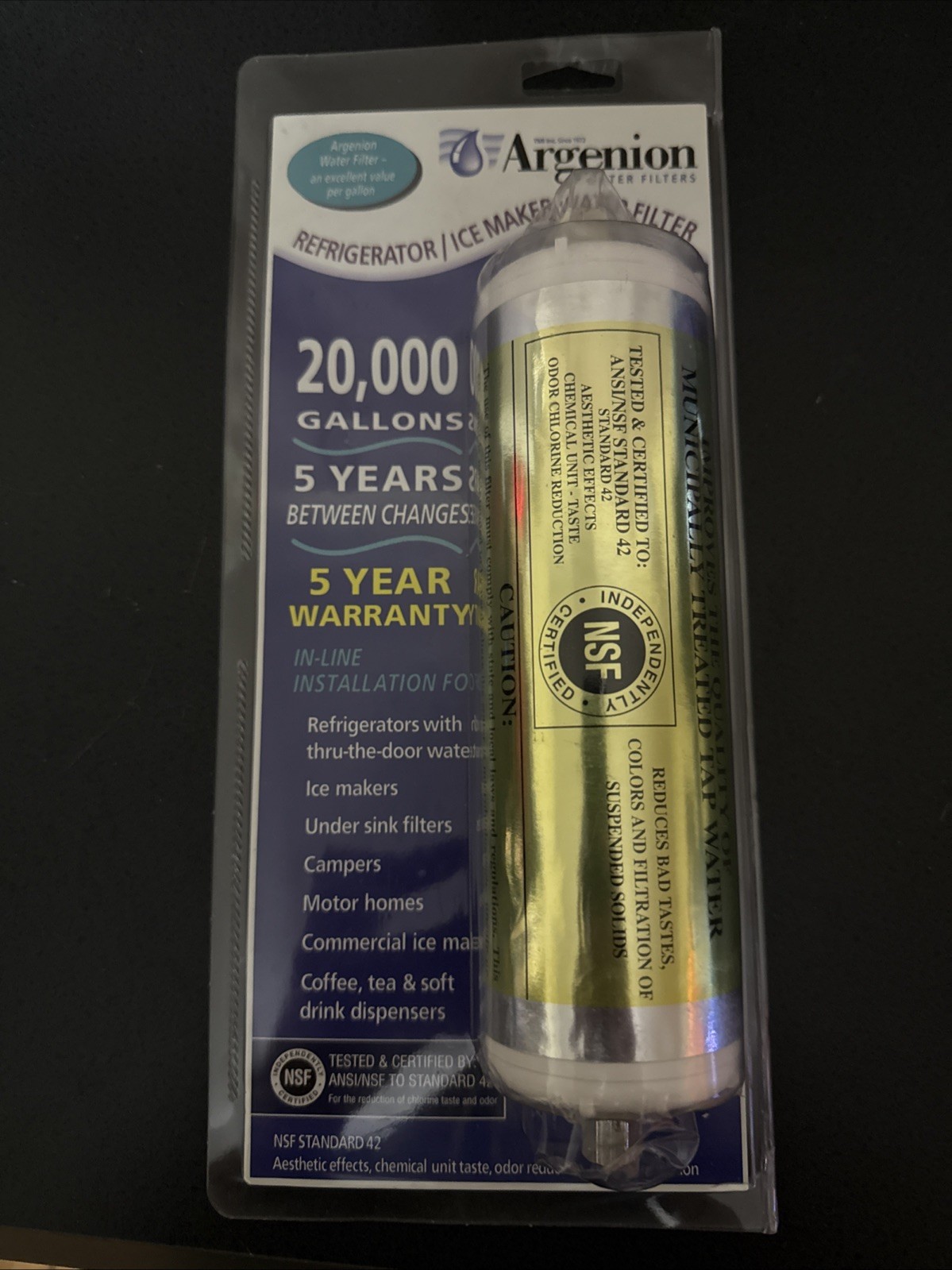 Argenion 20,000 Gal. Refrigerator In-line Water Filter 5 Yr. FACTORY SEALED NEW