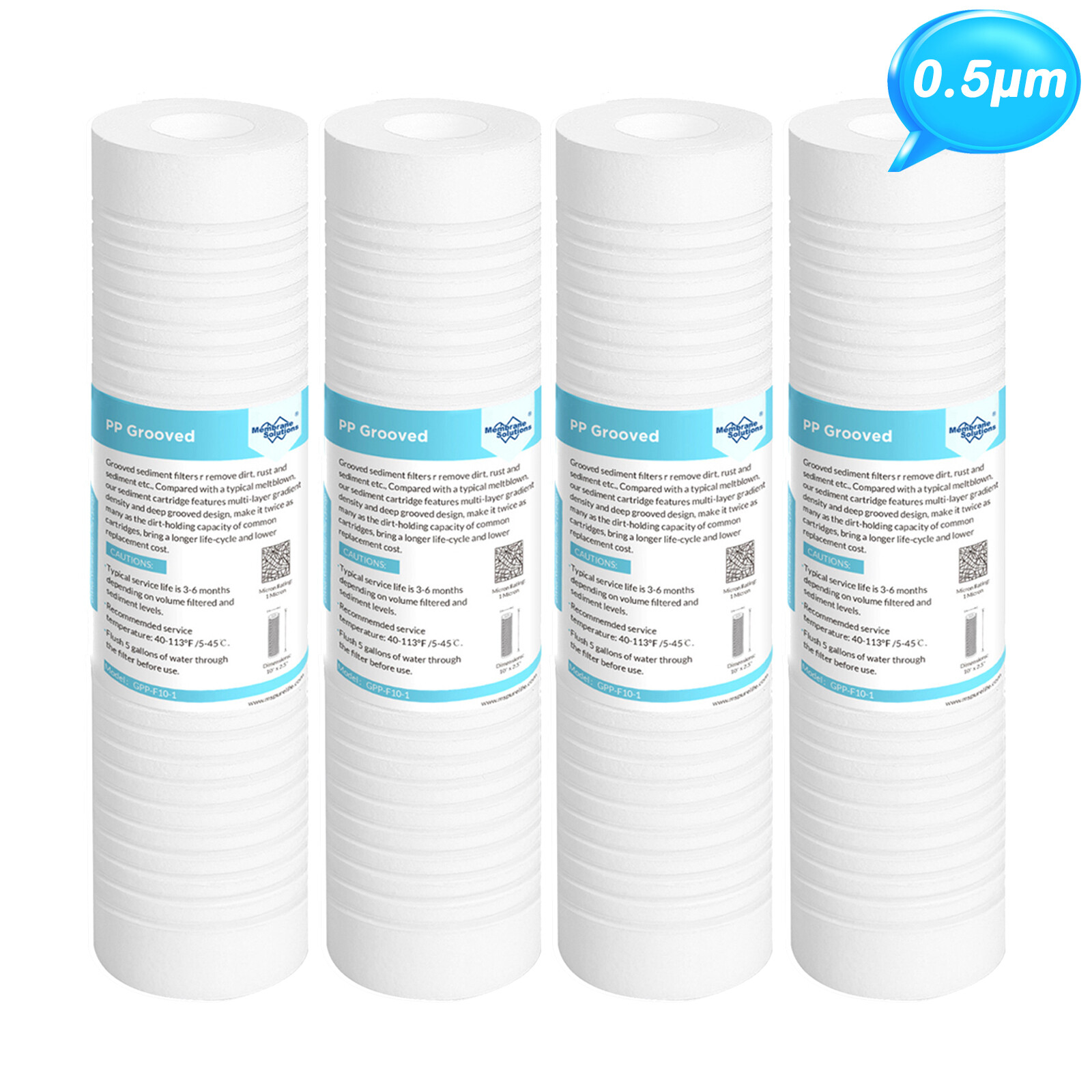 0.5 Micron 10″x2.5″ Grooved Sediment Water Filter Replacement Cartridges 4 Pack