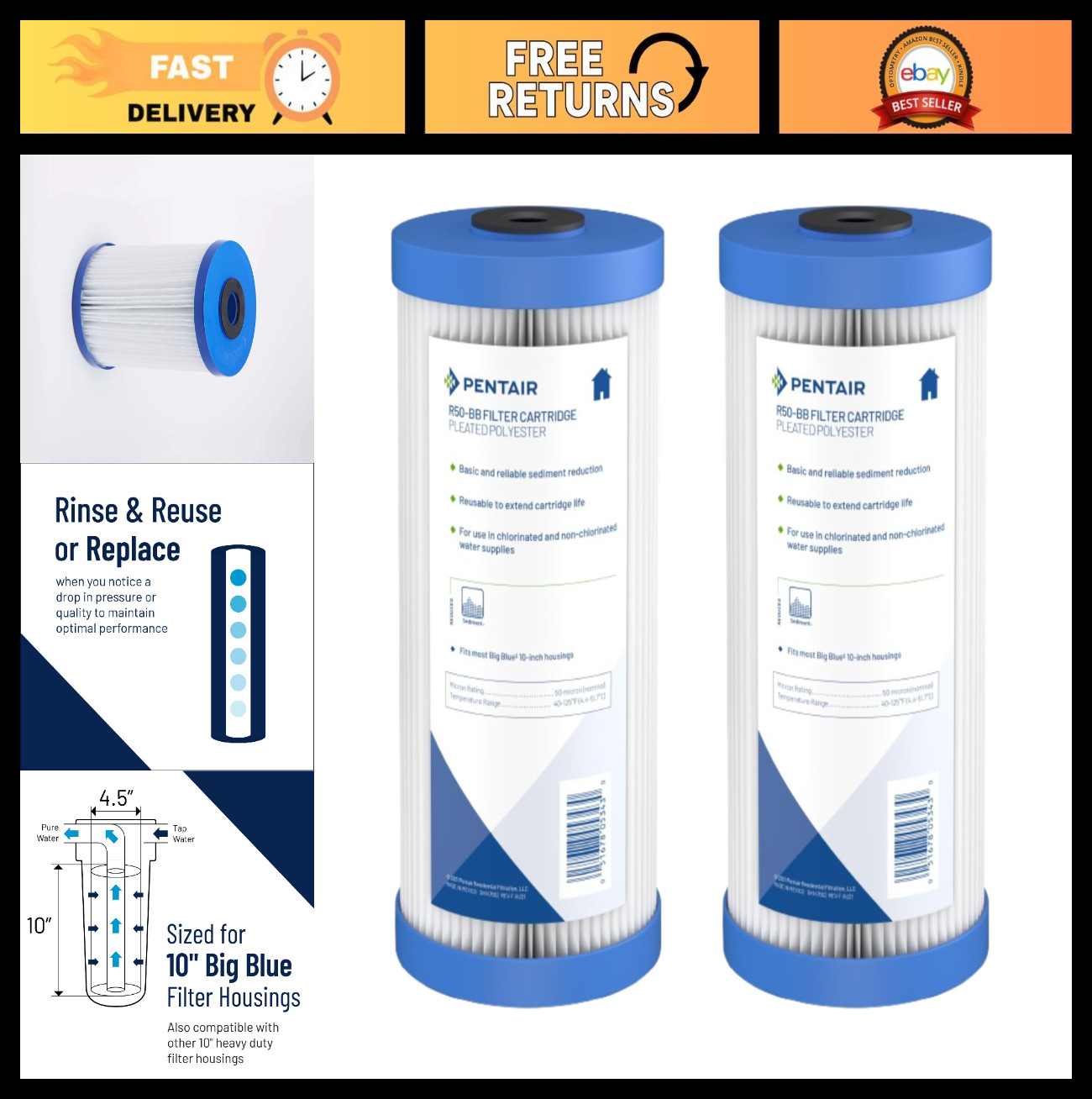 Big Blue Pleated Polyester Sediment Water Filter 10″ x 4.5″, 50 Micron, 2-Pack