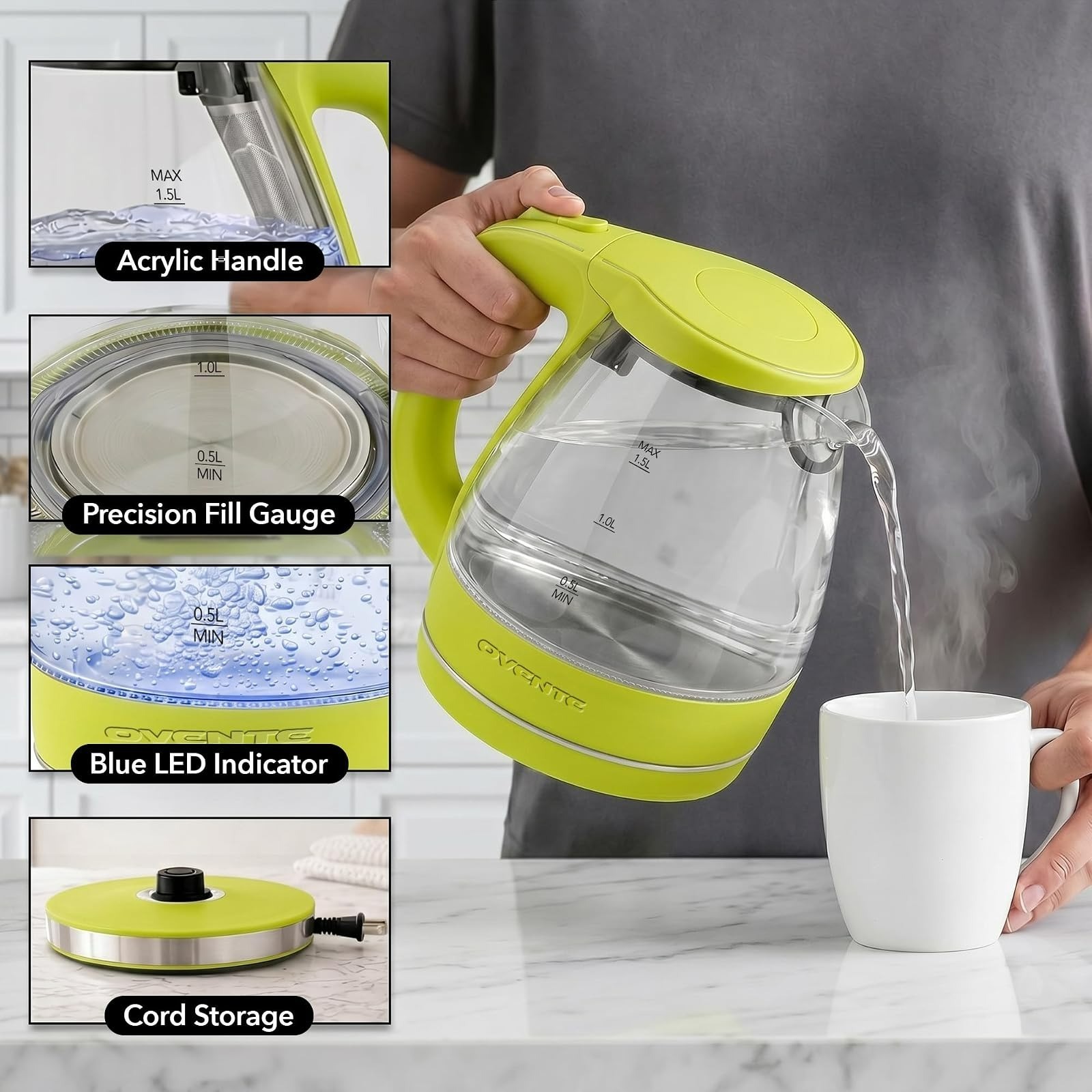 OVENTE 1.5L Glass Electric Kettle, Fast Boiling, BPA-Free, Auto Shut-Off