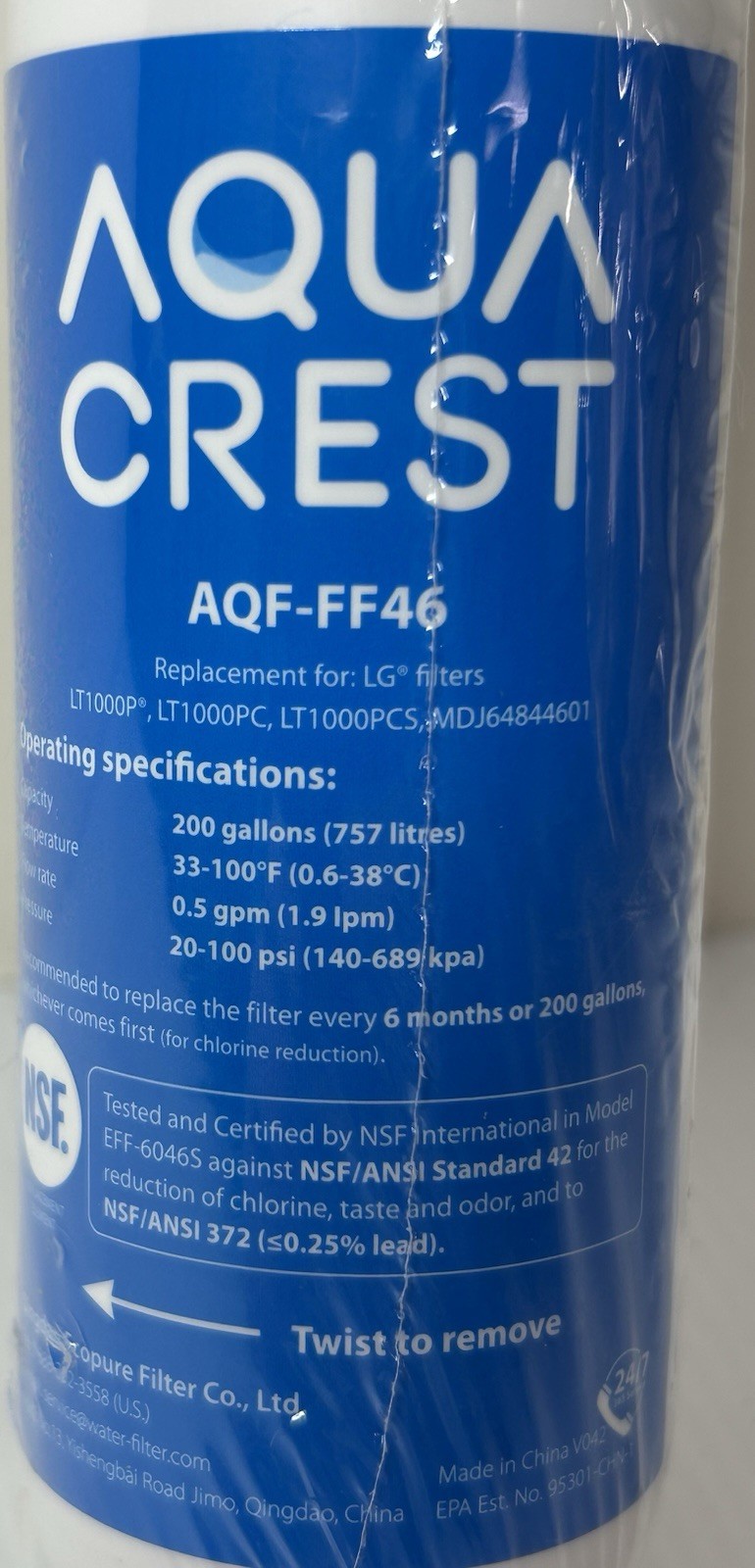 Aqua Crest AQF-FF46 Refrigerator Water Filter New Sealed