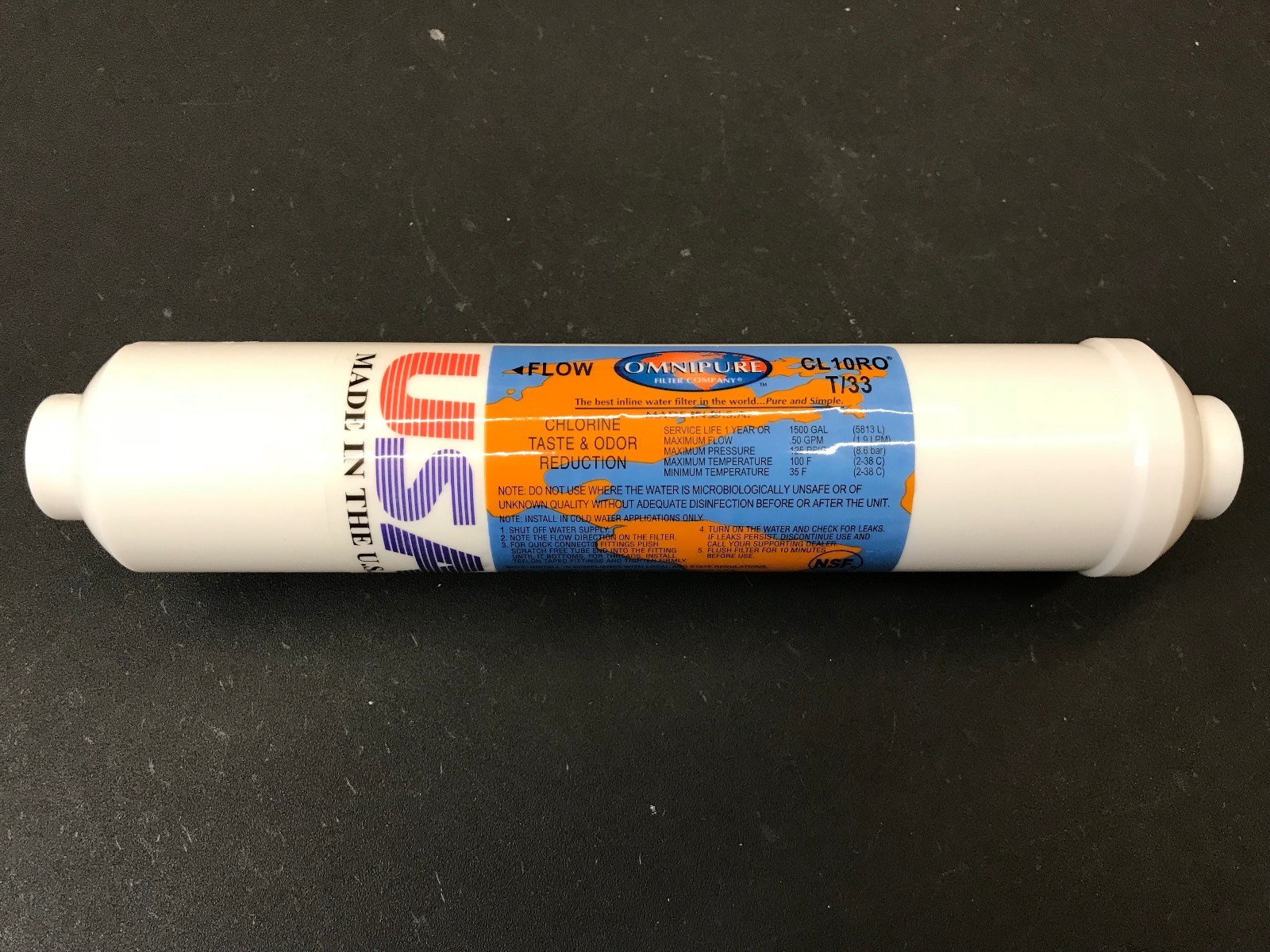Omnipure NEW 1/4″ In-Line Water Filter Chlorine Taste Odor Reduction CL10RO T-33