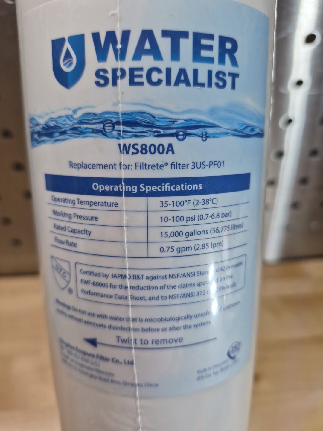 Waterspecialist 3US-PF01 Undersink Water Filter, NSF/ANSI 42 Certified