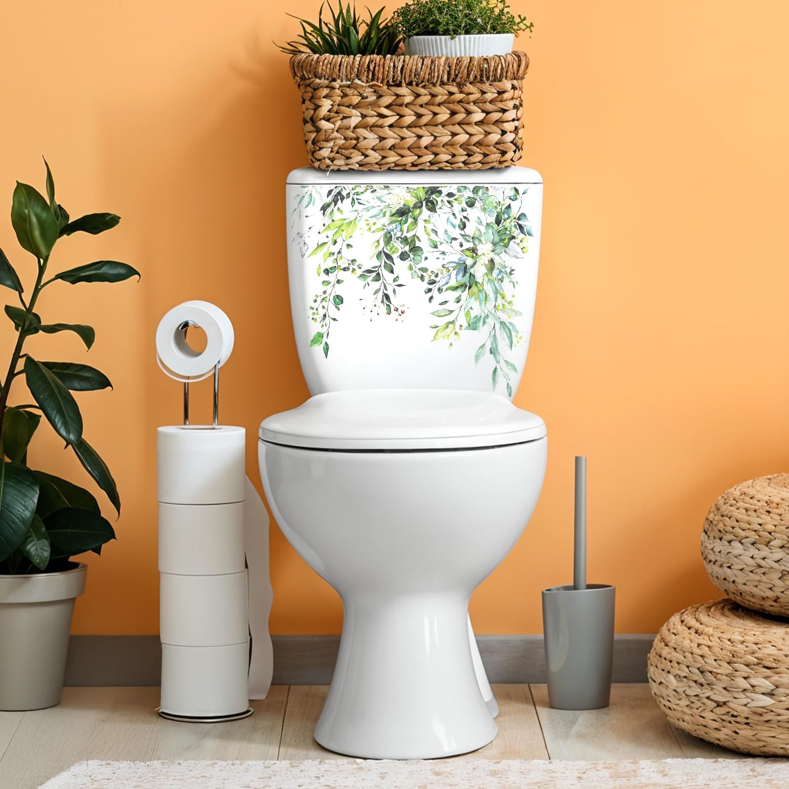 Green Plant Leaves Flowers Toilet Seat Lid Stickers, DIY Removable Toilet Sticke