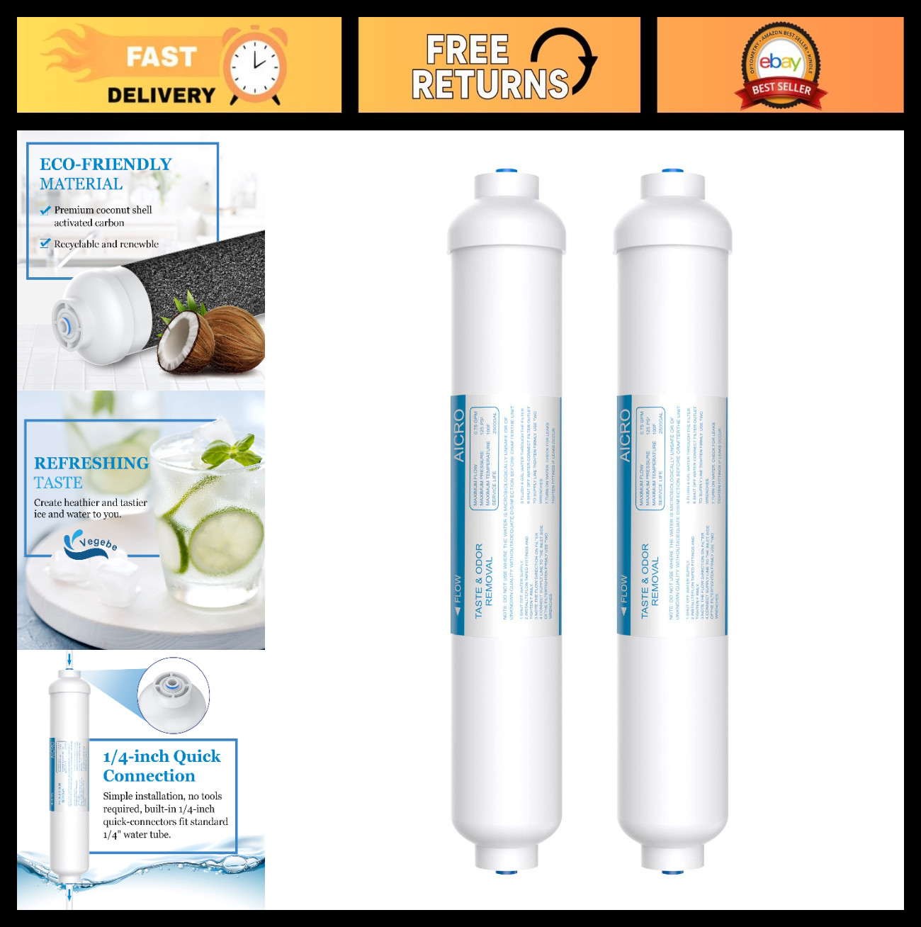 Inline Water Filter for Refrigerator & Ice Maker | 1/4″ Quick-Connect, Carbon Fi