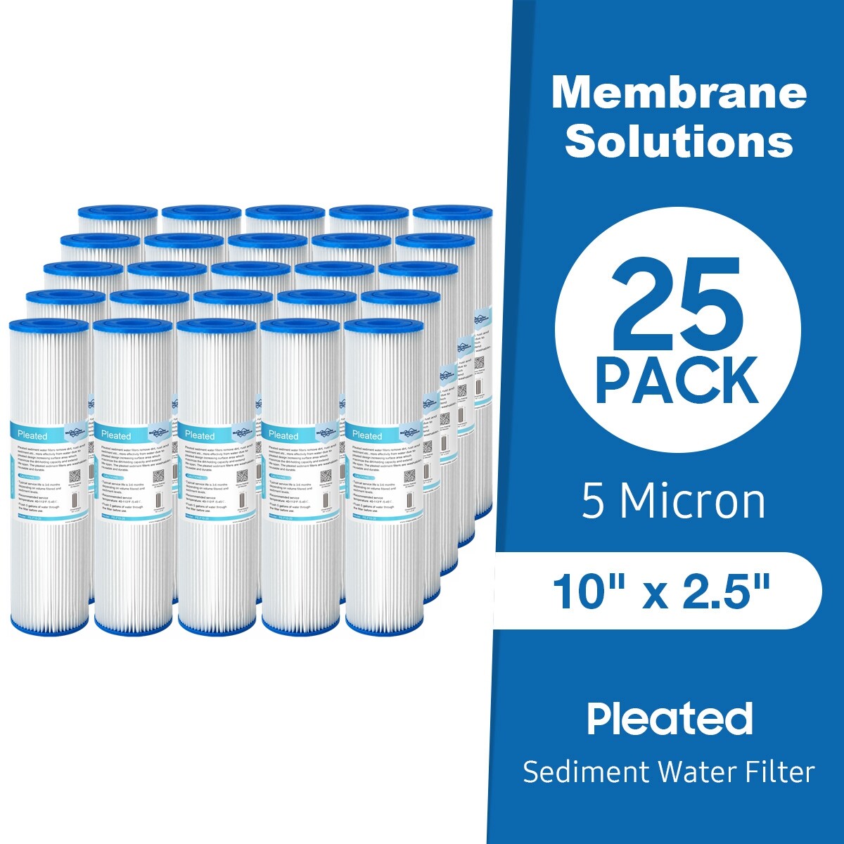 5 Micron 10″ x 2.5″ Washable Pleated Whole House Sediment Water Filter 1-25 Pack