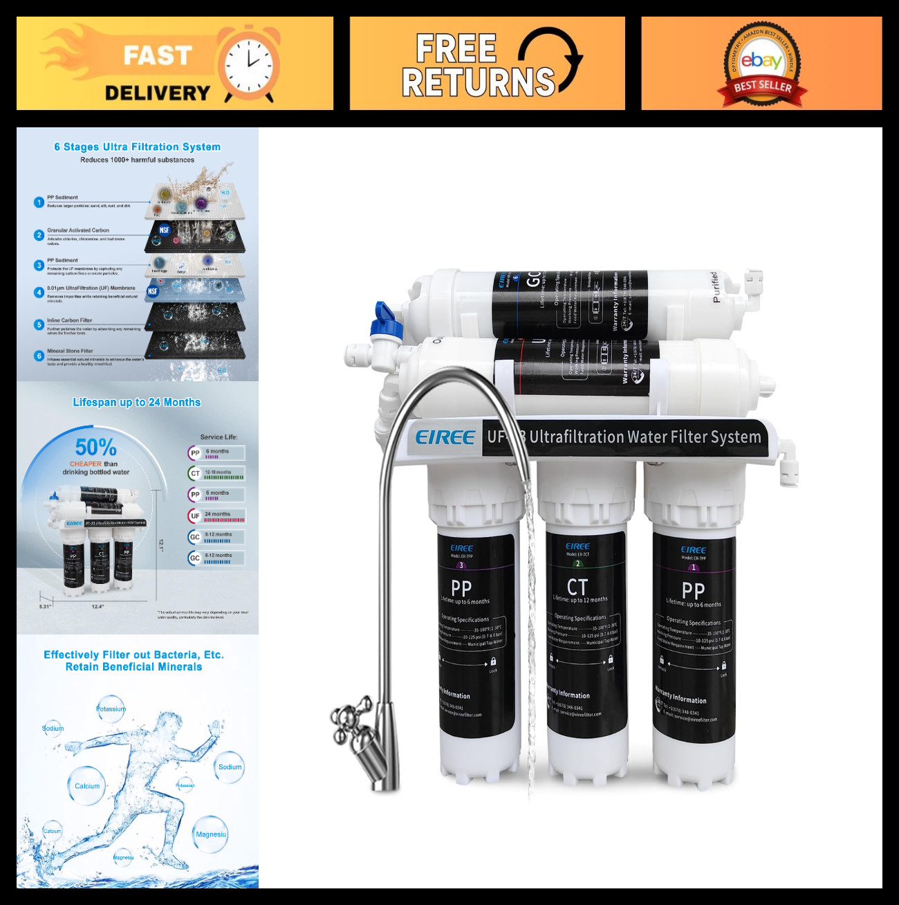 Ultra Filtration Under Sink Water Filter System – 6 Stage, Reduces Chlorine, Odo