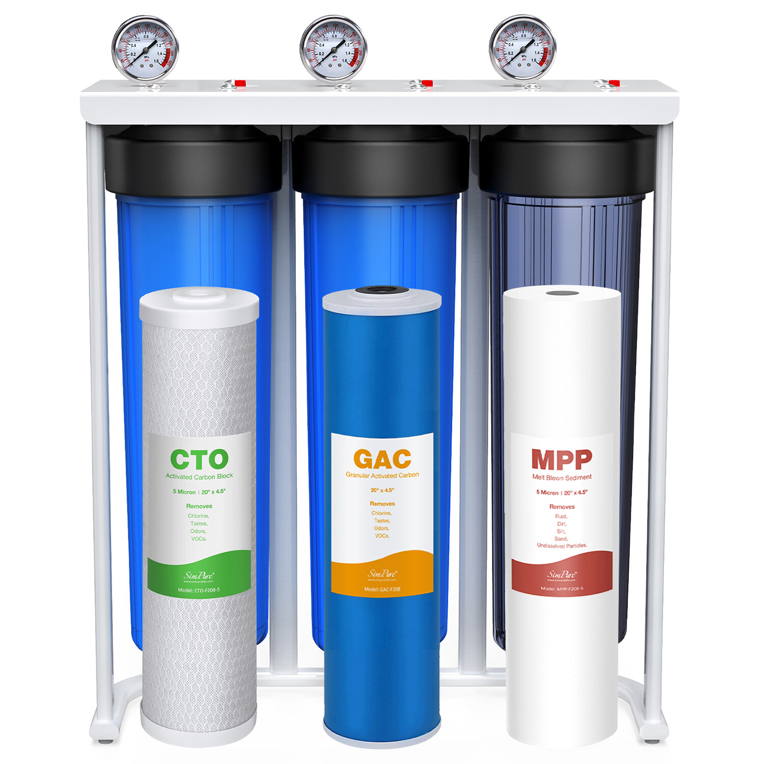 3-Stage 20″x4.5″ Whole House Water Filter System Sediment Carbon Filter Gauge