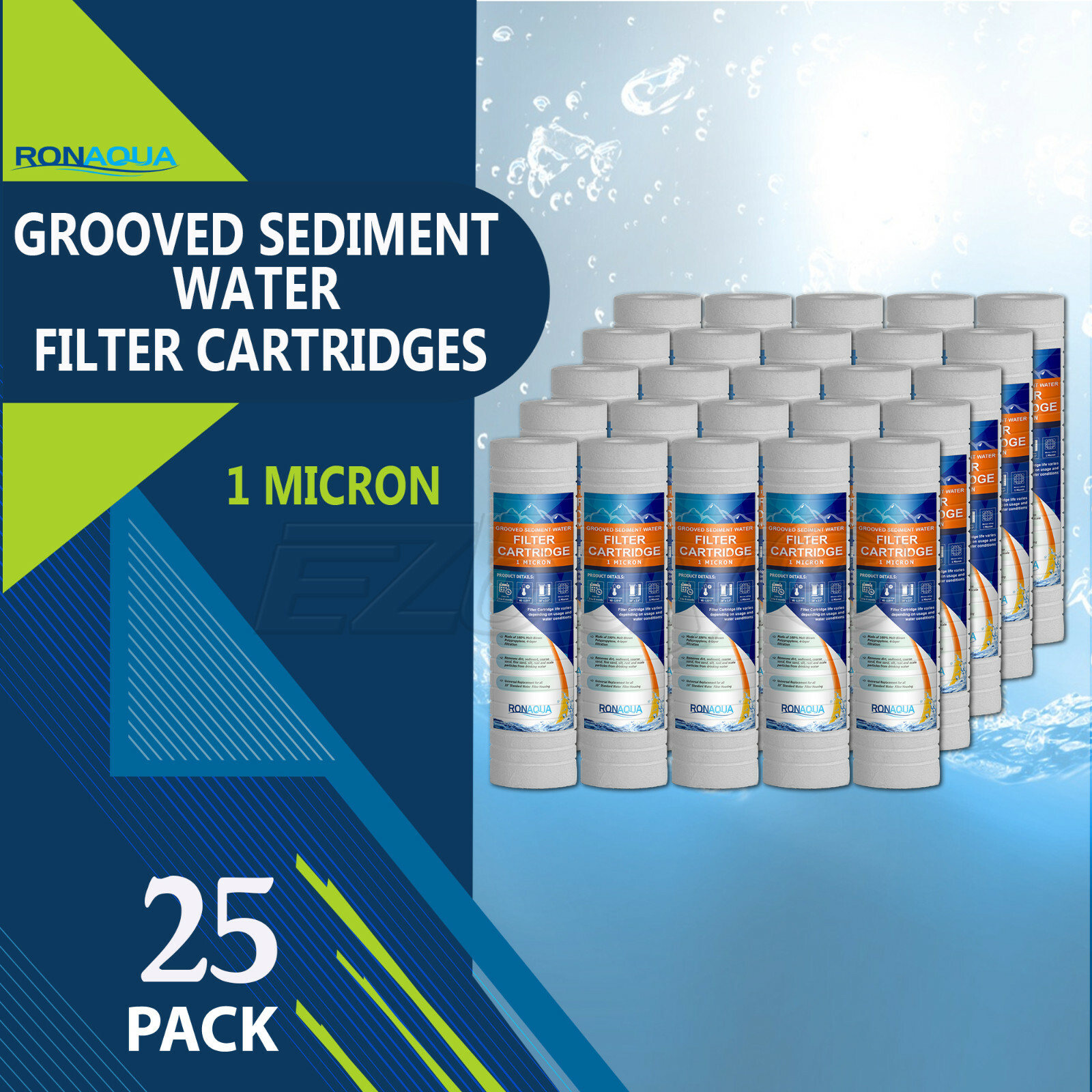 25 Pack Grooved Sediment 1 Micron Water Filters Cartridge 2.5″ x 10″