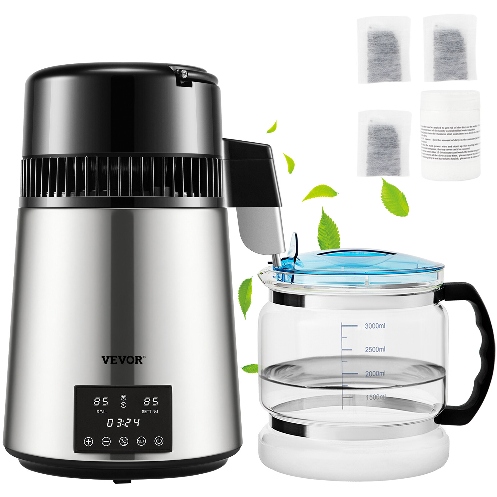 VEVOR 4L Water Distiller Distilled Water Maker 1 L/H w/ Timing Dual-Temp Silver