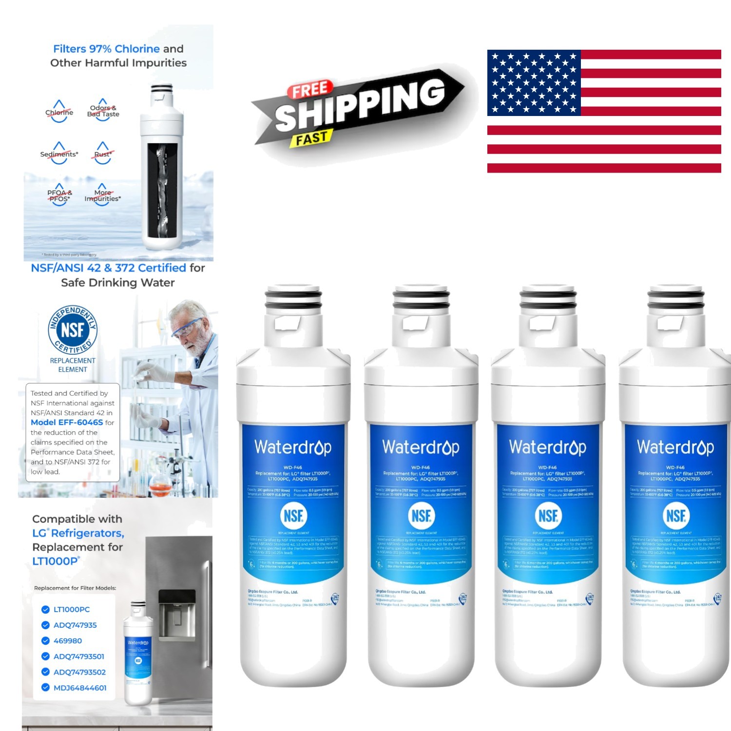 4 Count Water Filter Replacement Removes Bad Taste Odor Chlorine for Fresh Water