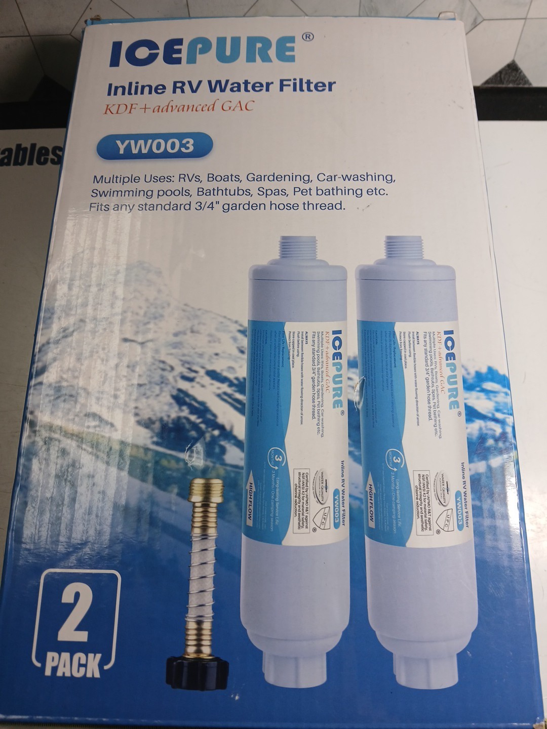 IcePure 2 Pack RV Inline Water Filter w/Flexible Hose for Drinking & Washing