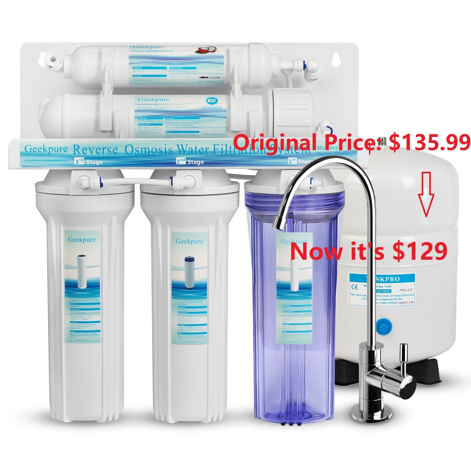 Geekpure 5 Stage Under Sink Reverse Osmosis Drinking Water Filter 75 GPD-Used
