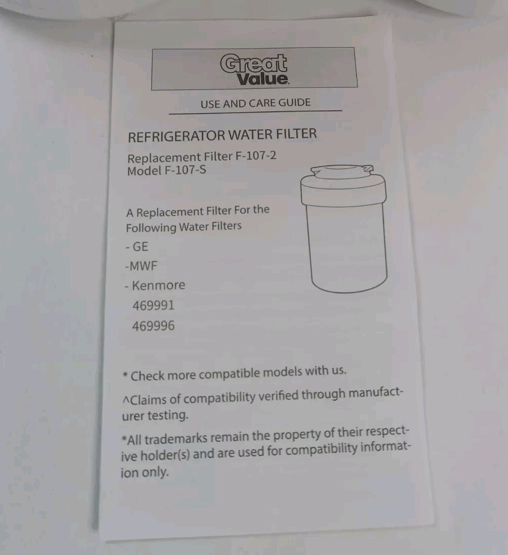 2 pk Great Value Refrigerator Replacement Filter F-107 for GE MWF & Kenmore New