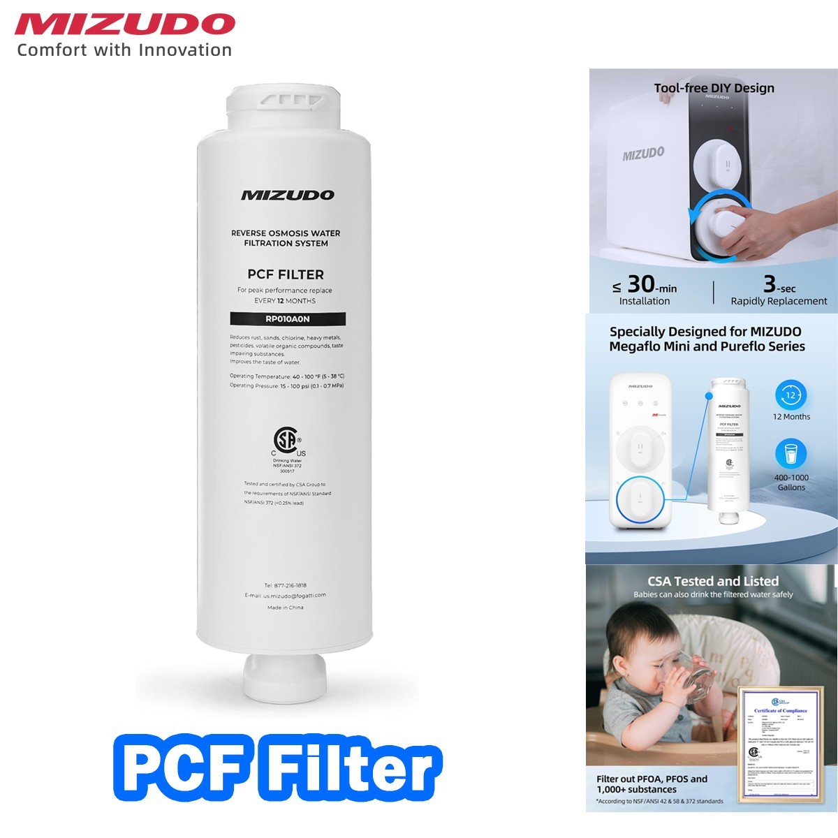 PCF For MIZUDO Reverse Osmosis System 400-1000GPD 8 Stage Under Sink 3:1 PtD