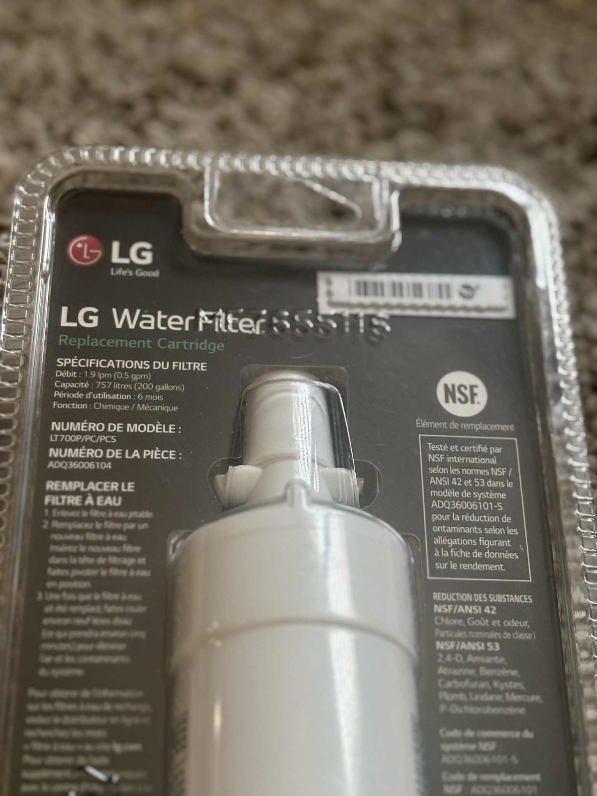 LG LT700P 6 Month/200 Gallon Capacity Replacement Fridge Water Filter ADQ360061