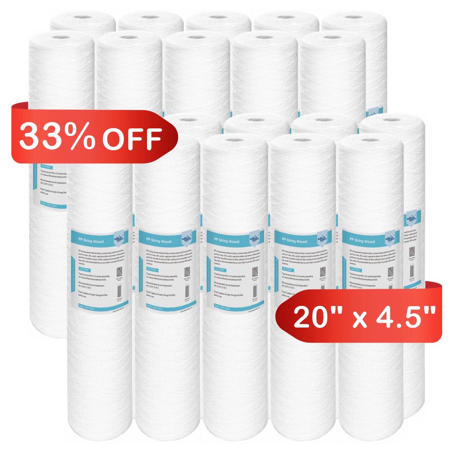 20 Pack 5/20 Micron 20″x4.5″ String Wound Sediment Water Filter Fit for Big Blue