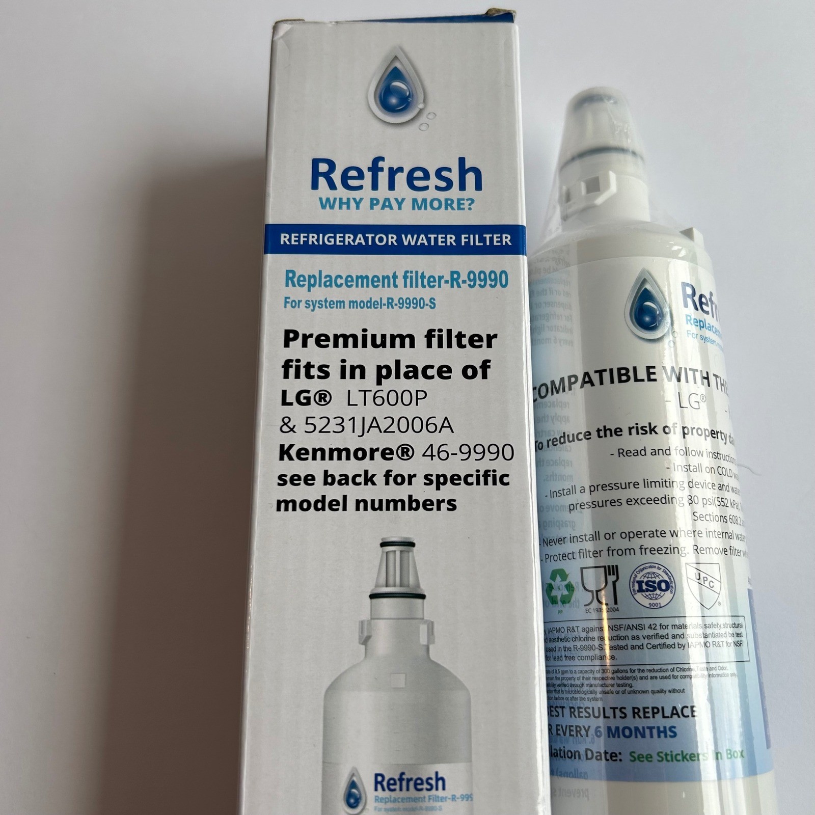 Refresh Refrigerator Water Filter R-9990 LG LT600P Kenmore 46-9990 White New 1PK