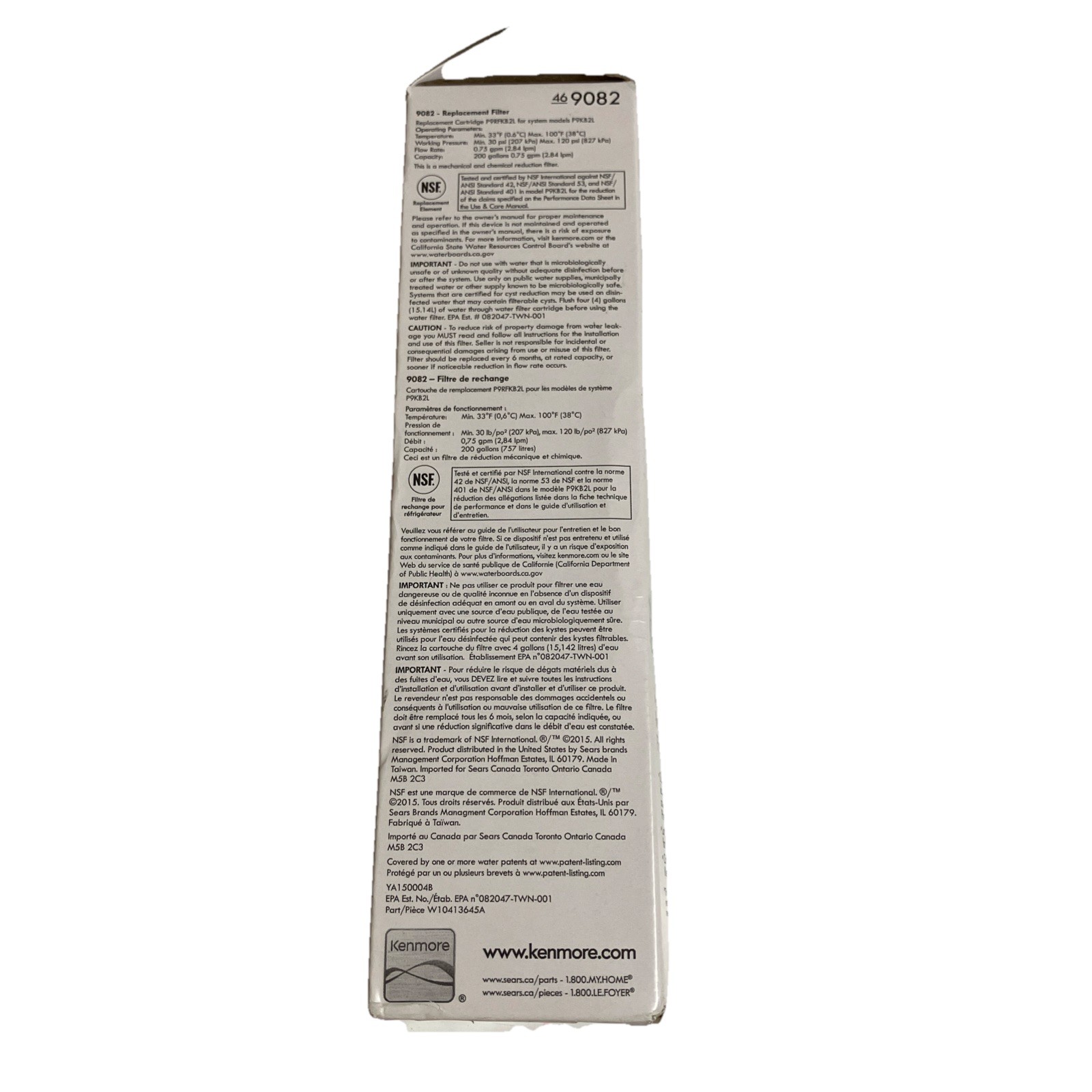 KENMORE Model 9082 469082 Replacement Refrigerator Water & Ice Filter NEW