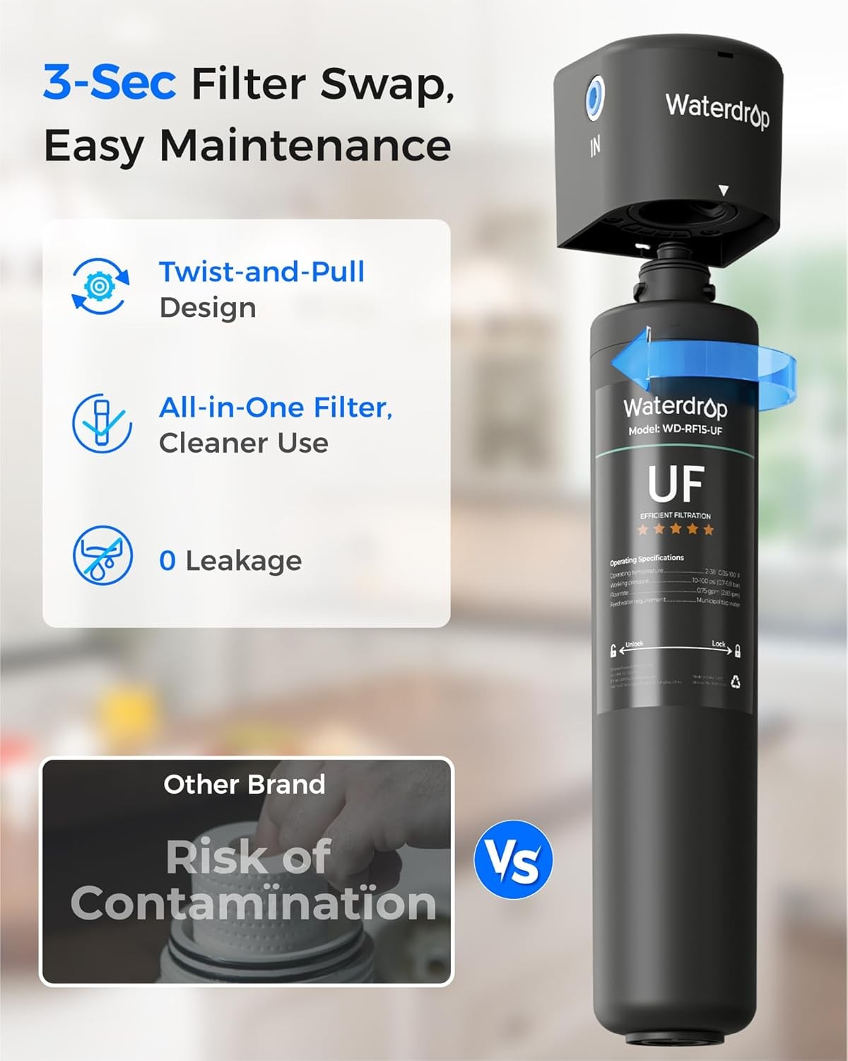 Waterdrop 15UB-UF Under Sink Water Filter System with Dedicated Faucet, 16K Gal