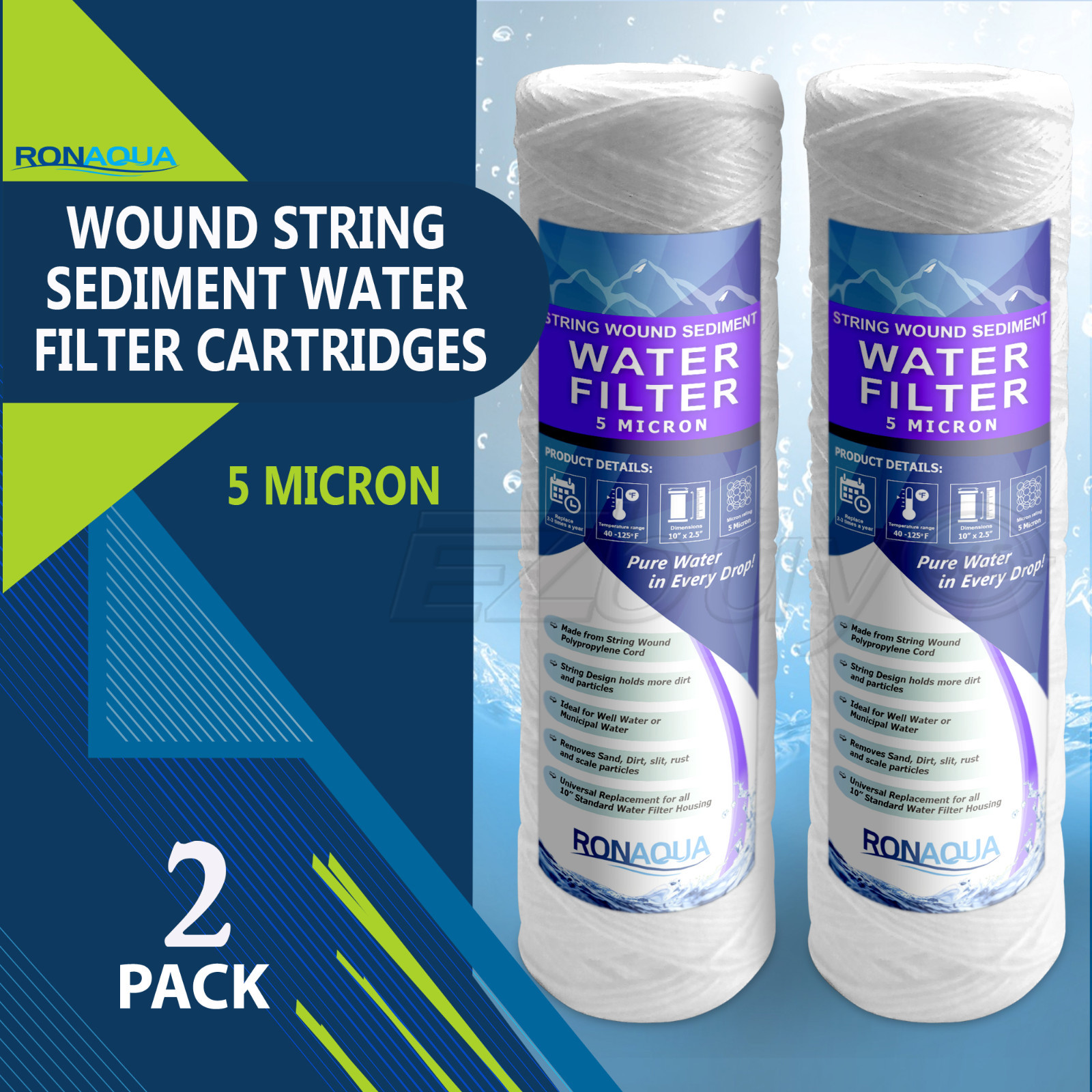 Wound String Sediment 5 Micron Water Filter Cartridge 2.5″ x 10″ 2 Pack