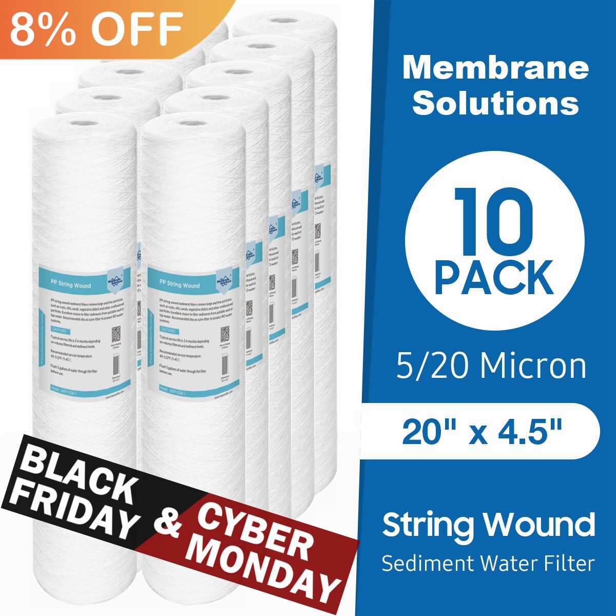 10 Pack 20″ x 4.5″ String Wound Whole House PP Sediment Water Filter 5/20 Micron