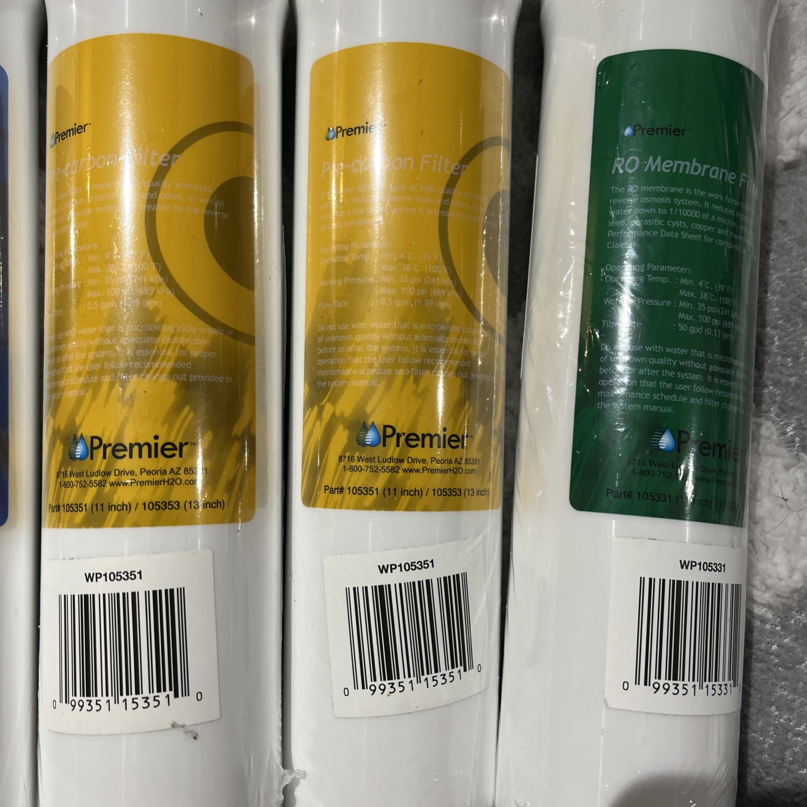 RO Water Replacement Cartridge 2 Yellow 1 Blue 1 Green Push Button, Sealed.