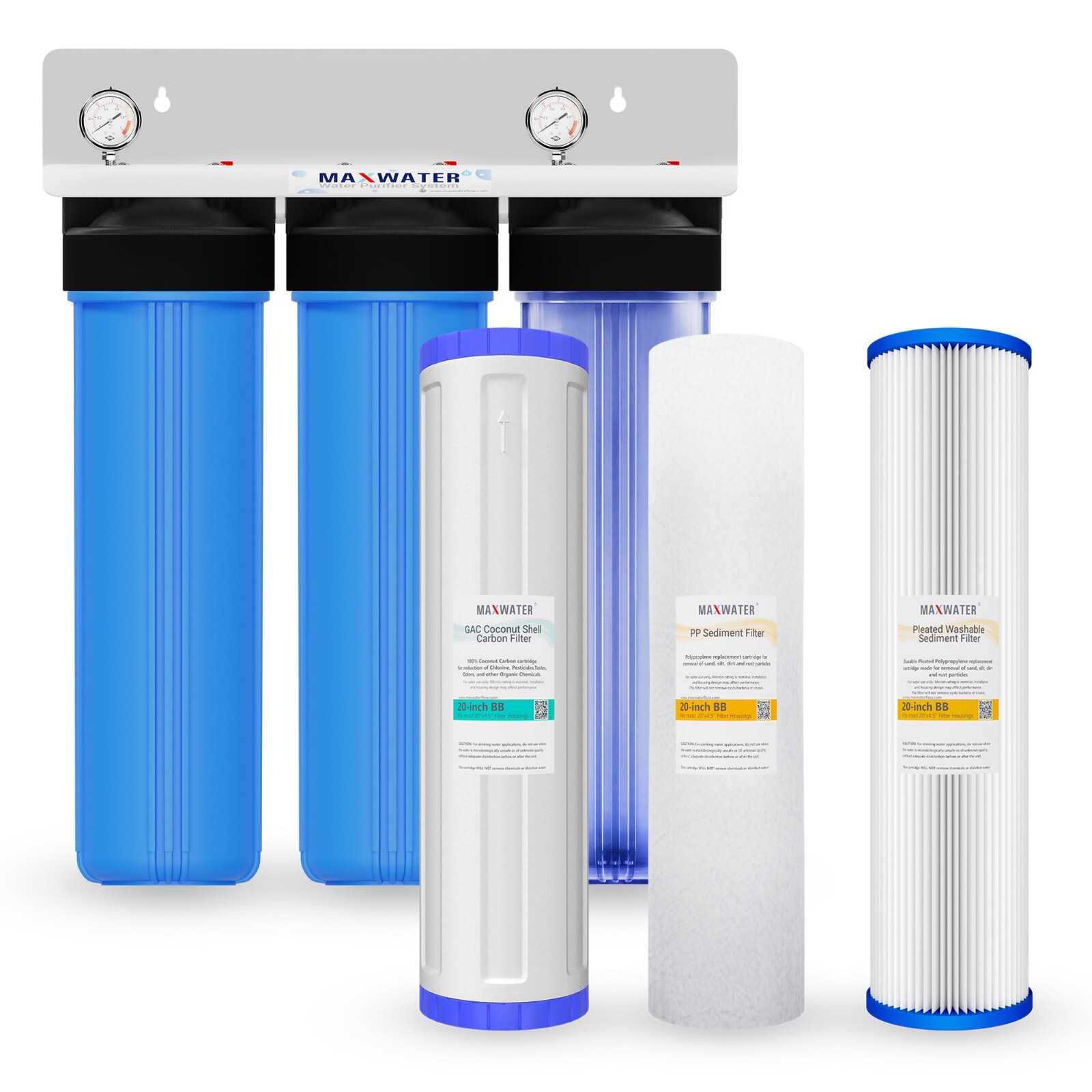 Max Water 3 Stage 20″x4.5″ Big Blue 1″ Whole House Water Filter/2 Pressure Gauge