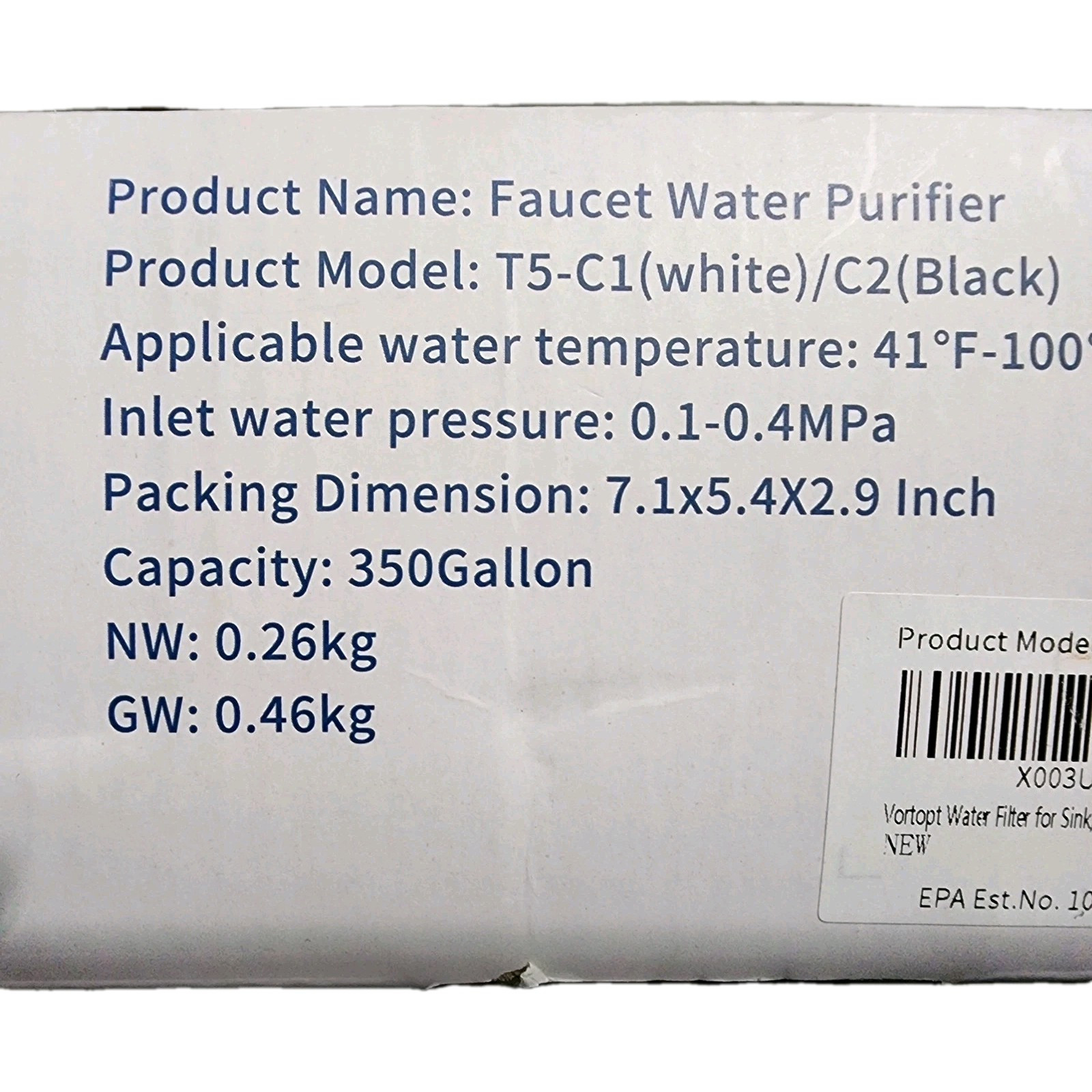 Vortopt Faucet Water Purifier, 350 Gallon Capacity.
