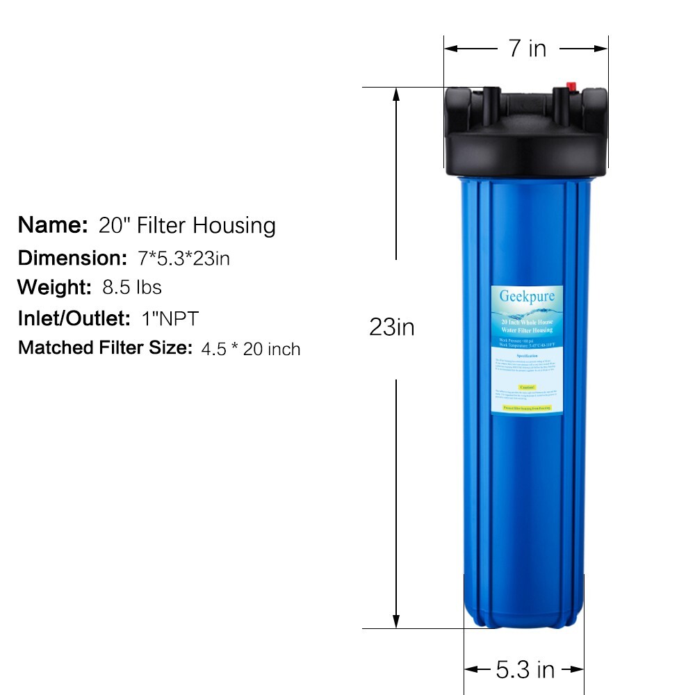 Geekpure 20 Inch Whole House Water Filter Housing 1″NPT Fit for 4.5″ x 20″- Blue
