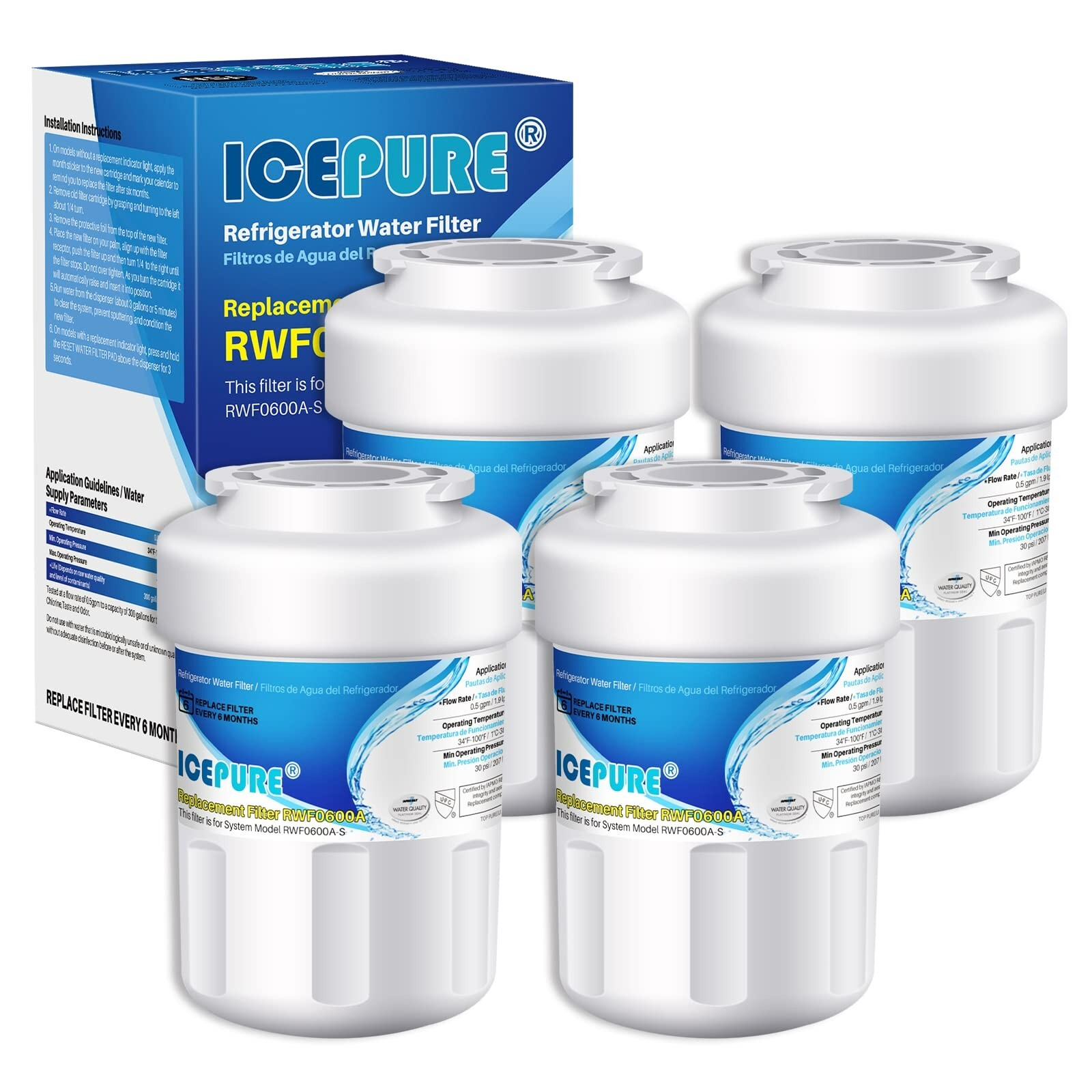 4 Pack Fit For GE GSS25GSHJCSS GSE25HGHBHBB GSE25HGHEHWW Water Filter Icepure
