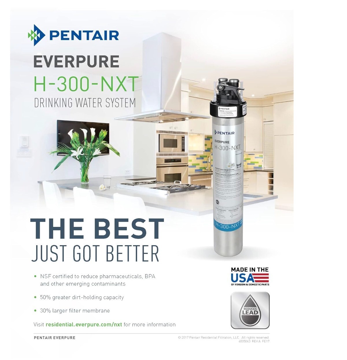 Pentair Everpure H-300-NXT Quick-Change Filter Cartridge, EV927441, 0.5 Micron