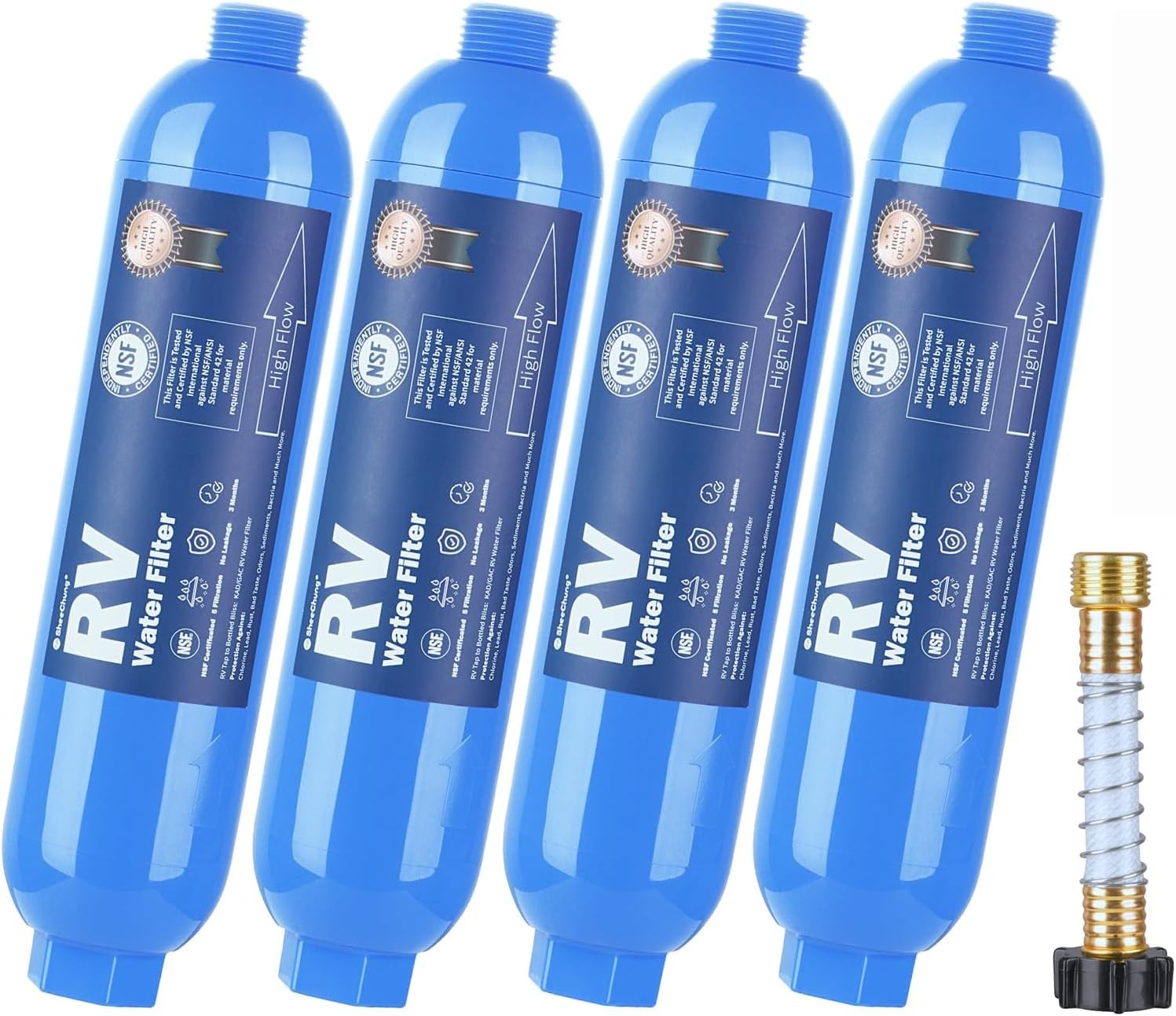 RV Water Filter 4 Pack with Flexible Hose Protector, NSF 4 Count (Pack of 1)