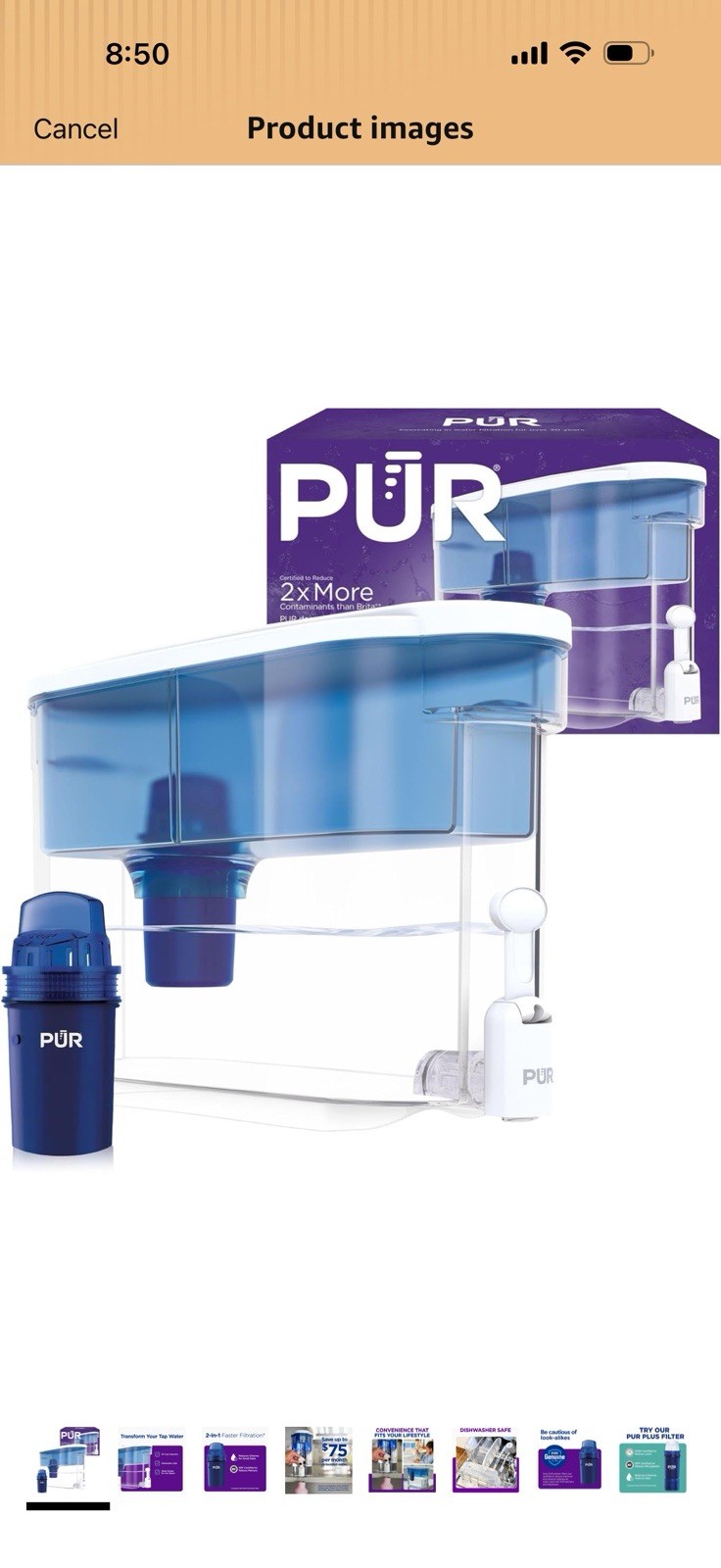 PUR 30-Cup Filter Jug Water Dispenser, Carbon Filter, Blue/White/Clear