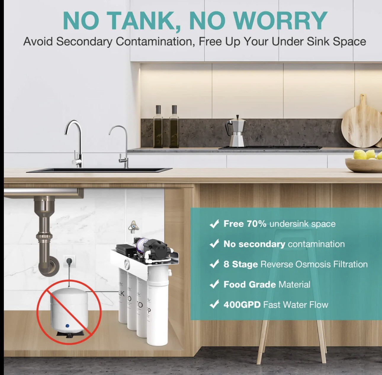 SimPure WP2-400 GPD UV Tankless Reverse Osmosis RO Water Filter System Purifier