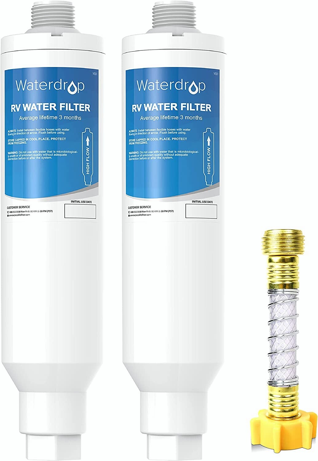 RV Inline Water Filters with 1 Flexible Hose Protector, NSF Certified, 2 Pack