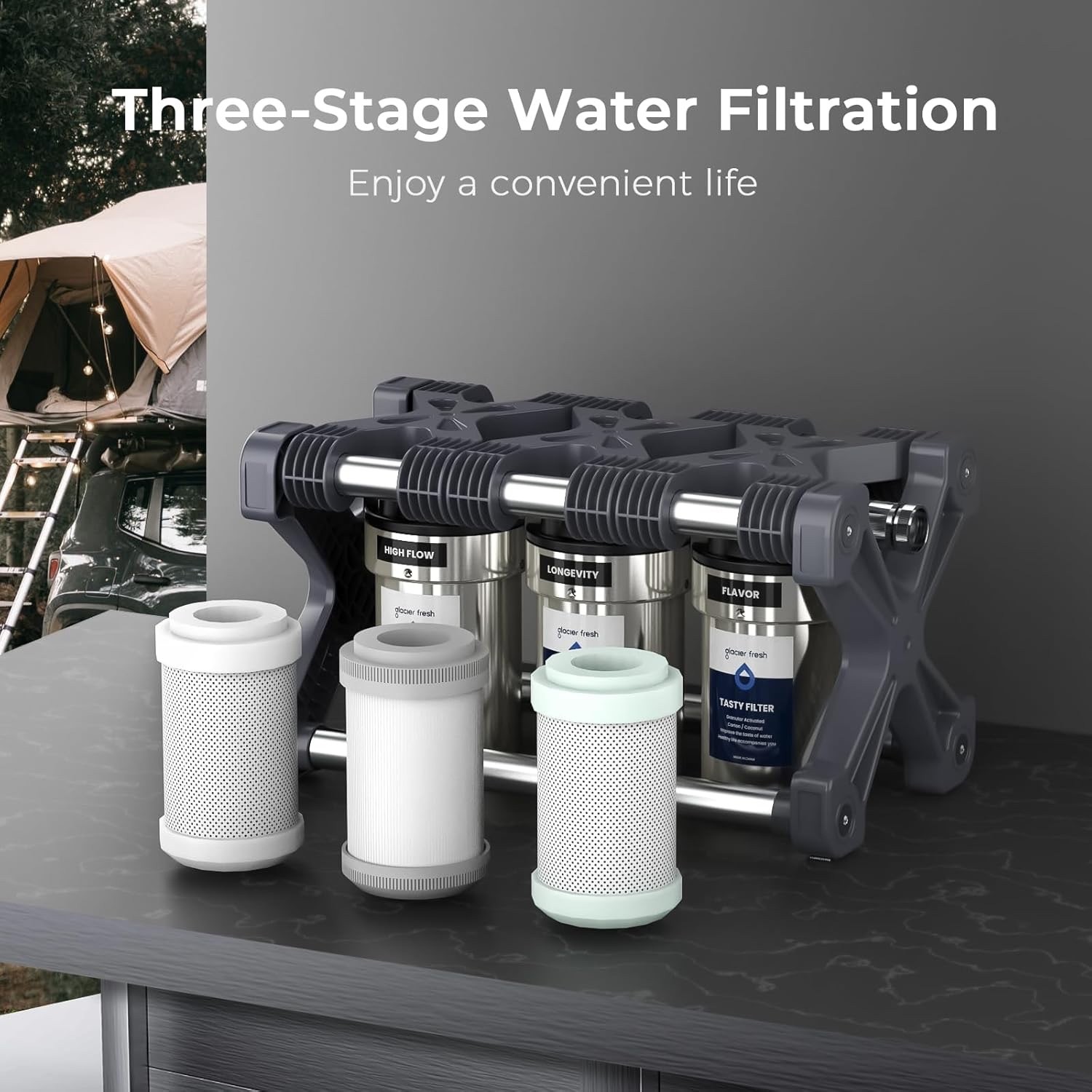 Glacier Fresh RV Water Filter System, 0.2 μm, 5 Inch Filter, 3-Stage Filtration