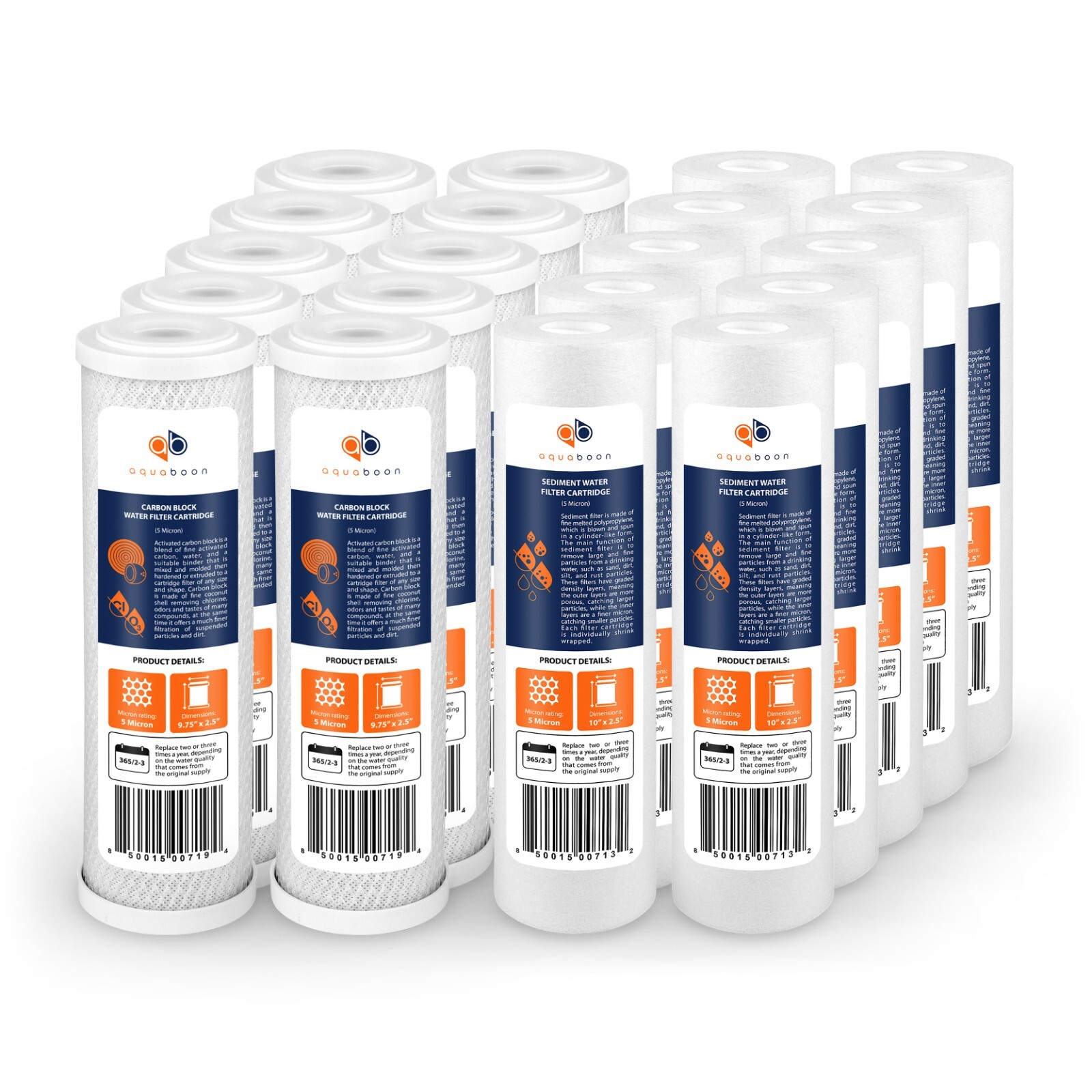 Replacement Water Filter Set of 10 Carbon and 10 Sediment 10” x 2.5” by Aquaboon