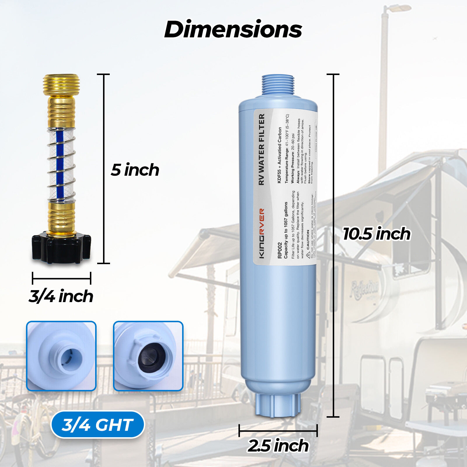 RV Inline Water Filter w/Flexible Hose For Marine Garden Camping Water 2 Pack