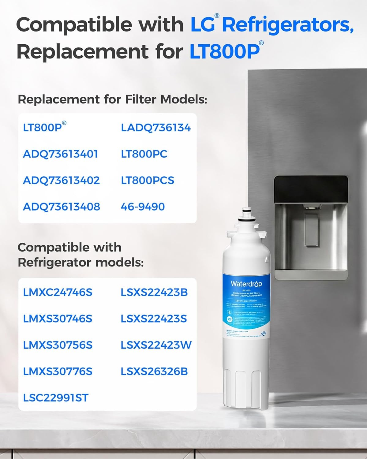 Waterdrop Refrigerator Water Filter, Replacement for LG® LT800P®, Pack of 12