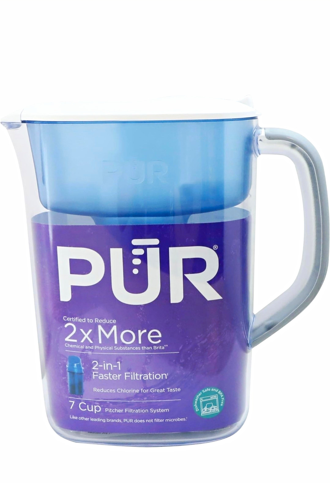 PUR 7 Cup Pitcher Filtration System Blue/White Plastic, Chlorine & Mercury
