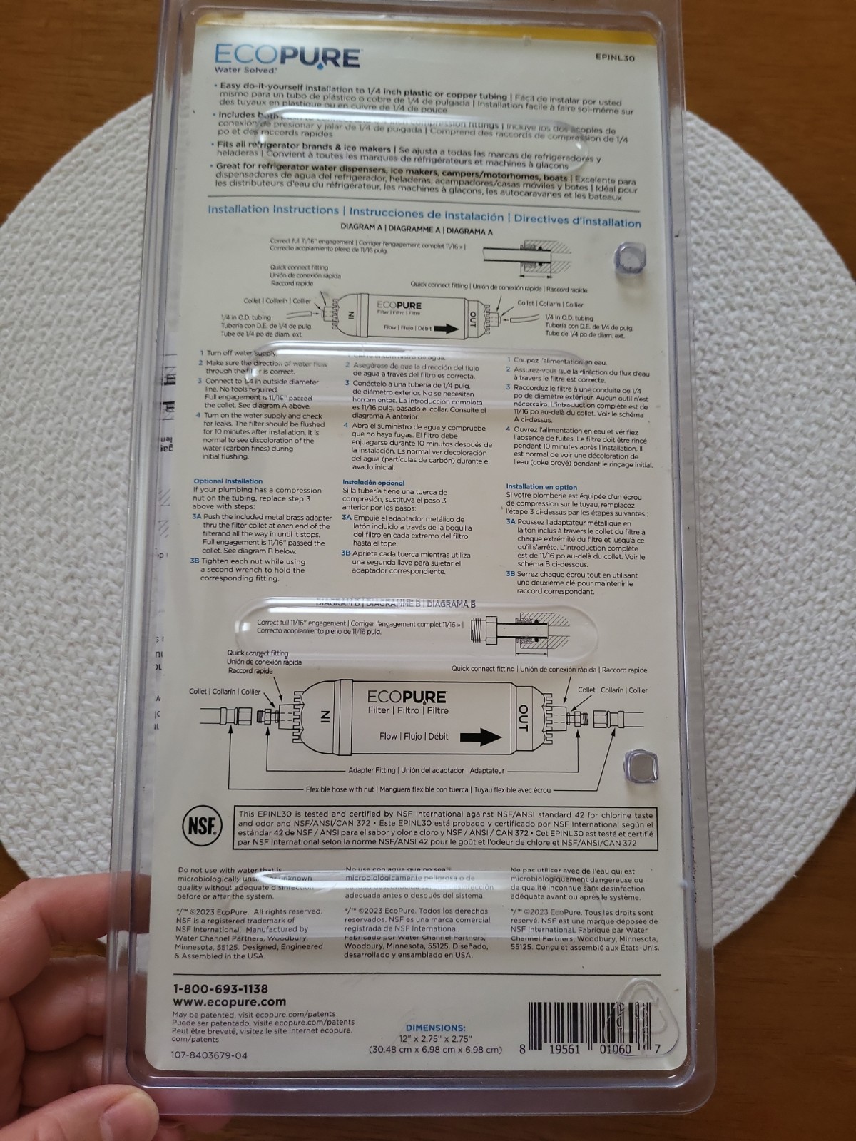 EcoPure EPINL30 5 Year In-Line Refrigerator Water Filter Ice Maker Inline NEW