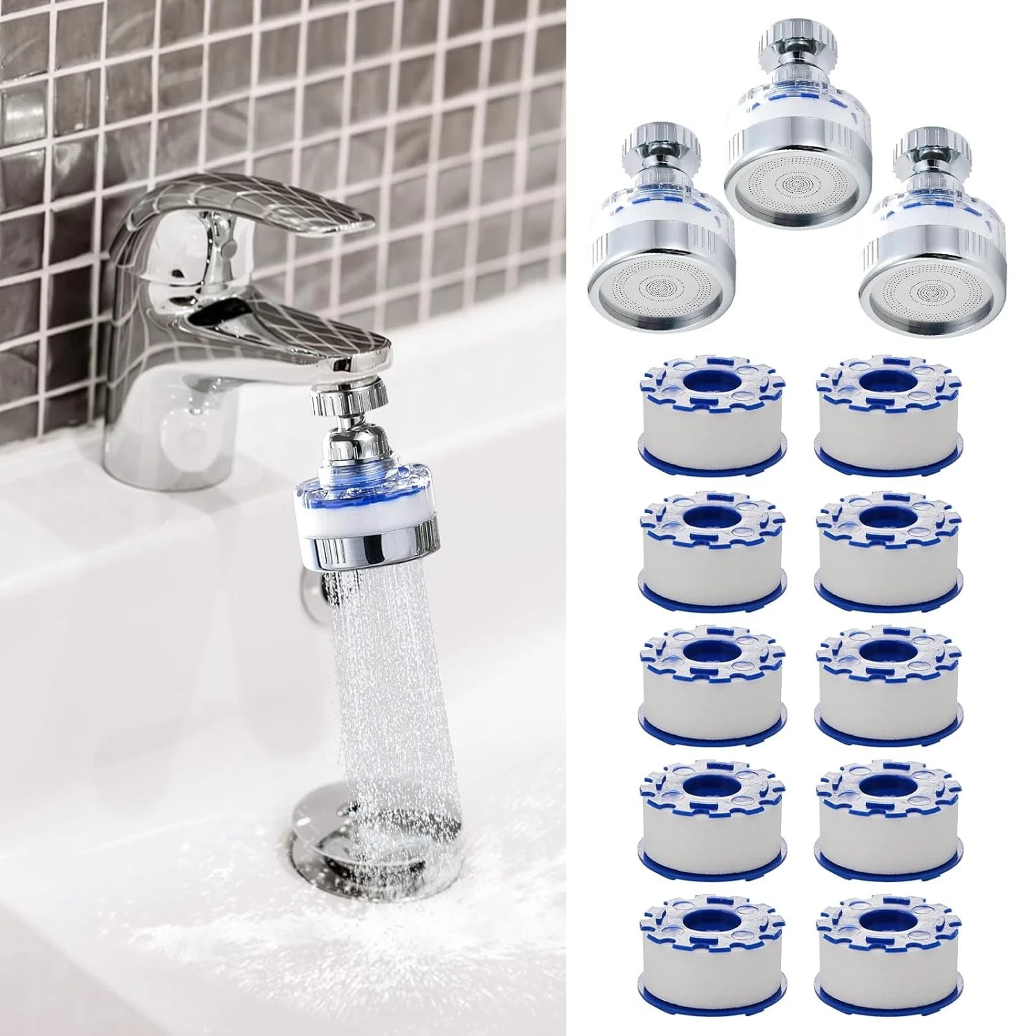 13 Pcs Sink Water Filter Faucet Set, 360 ° Rotating Bathroom Sink Filter