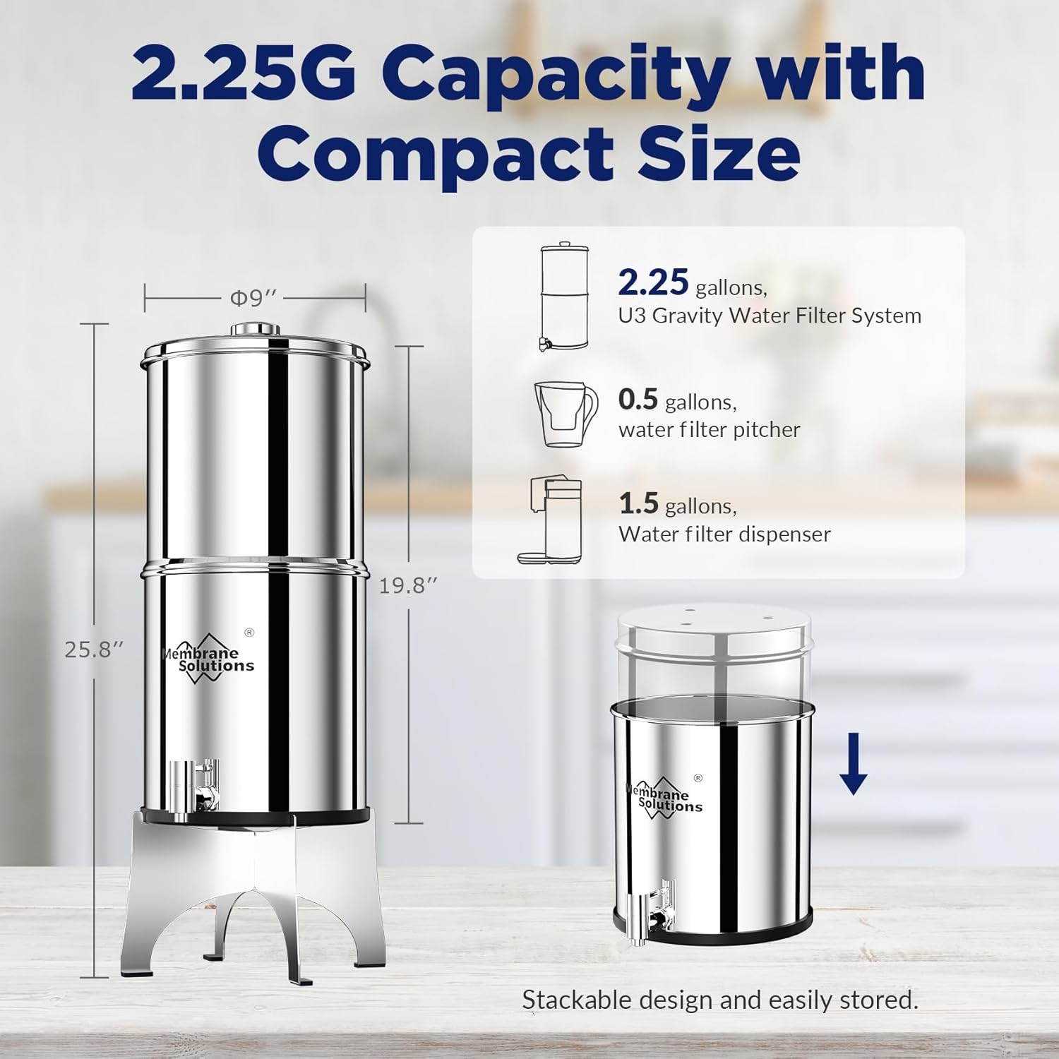2.25G Countertop Water Filtration System with 3 Pack 0.1-Micron UF Filters